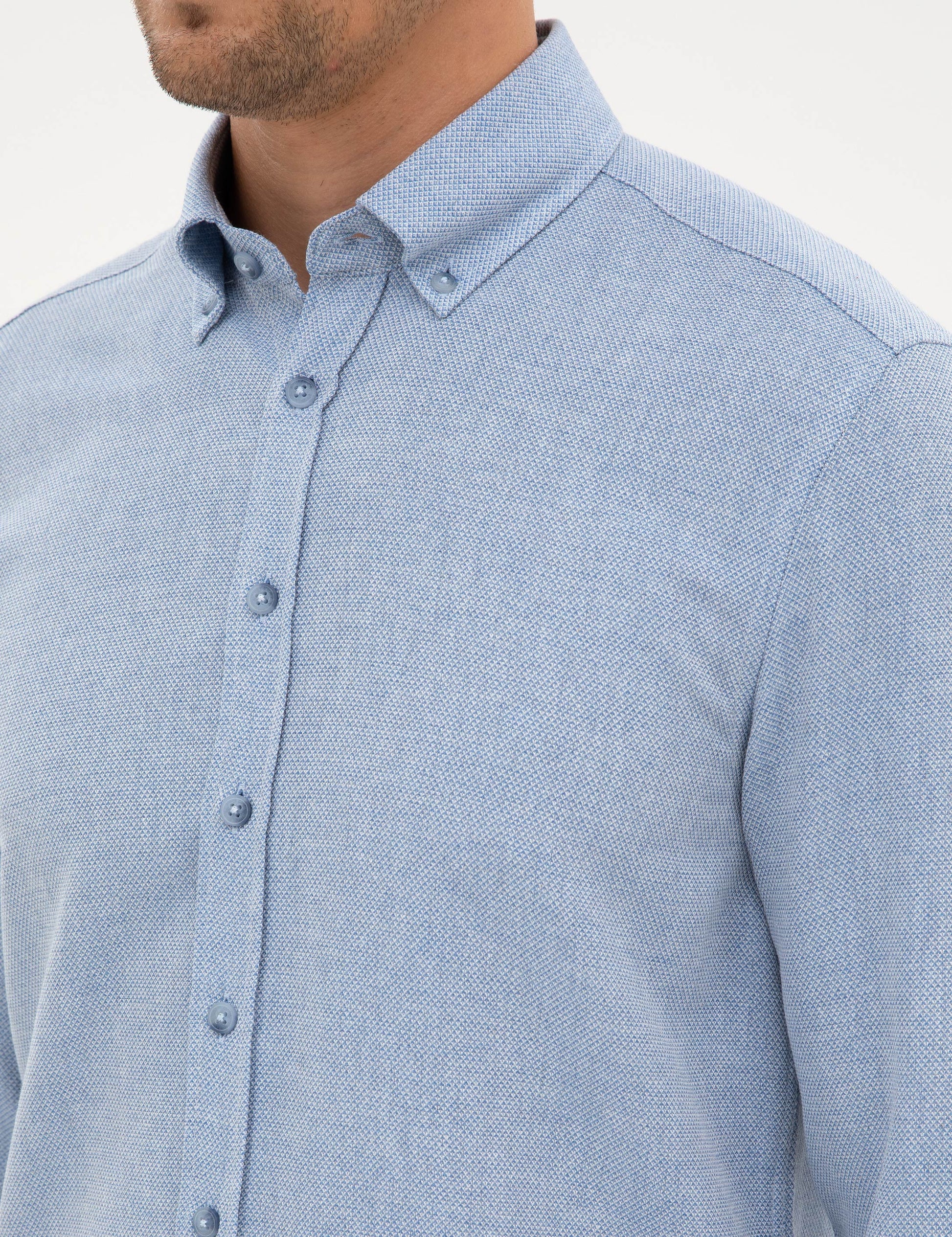 Mavi Slim Fit Dokulu Uzun Kollu G��mlek