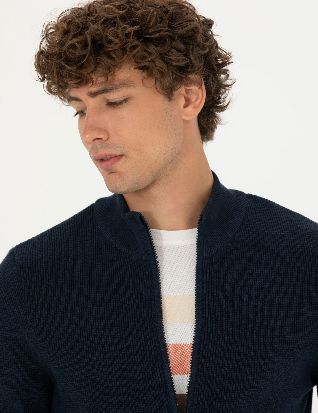 Navy Blue Melange Slim Fit Sweater Cardigan