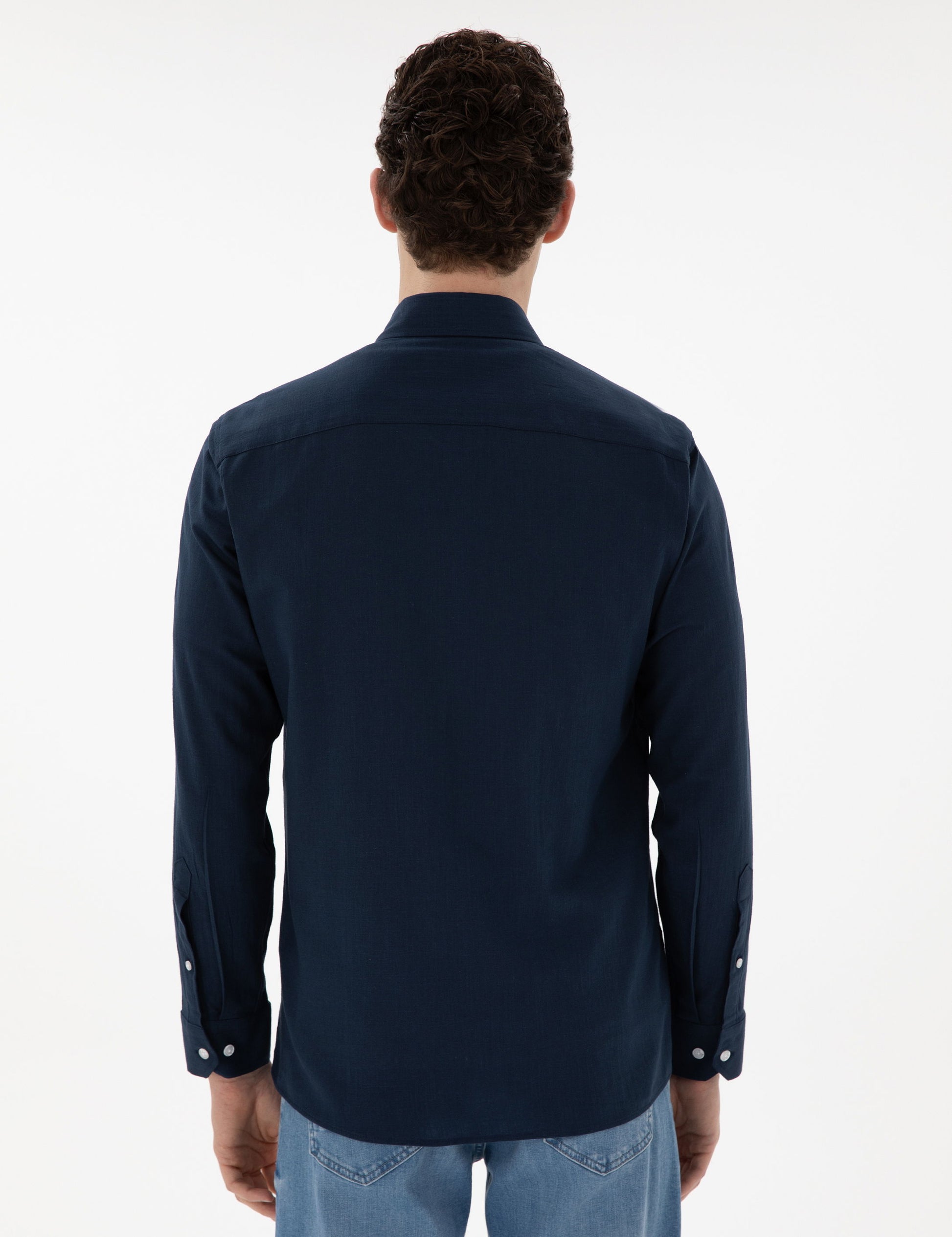 Navy Blue Slim Fit Linen Look Shirt