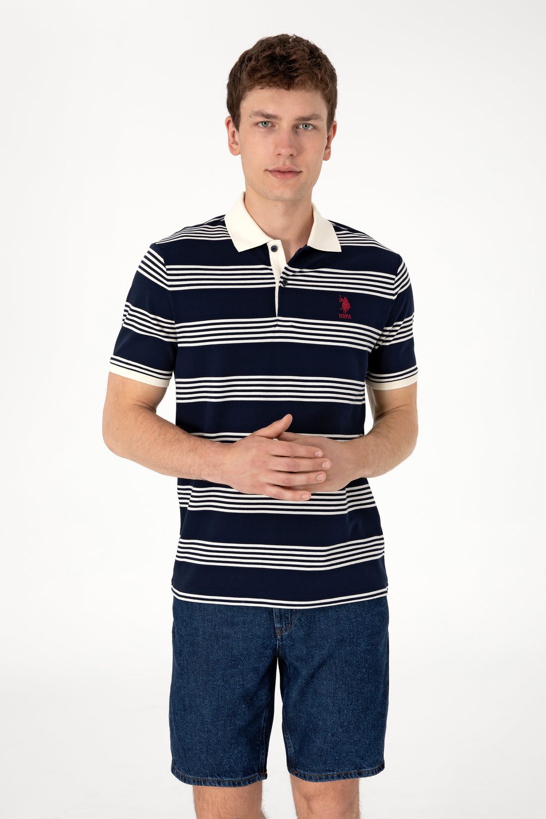 Men's Regular Fit Polo Neck Navy Striped T-Shirt
