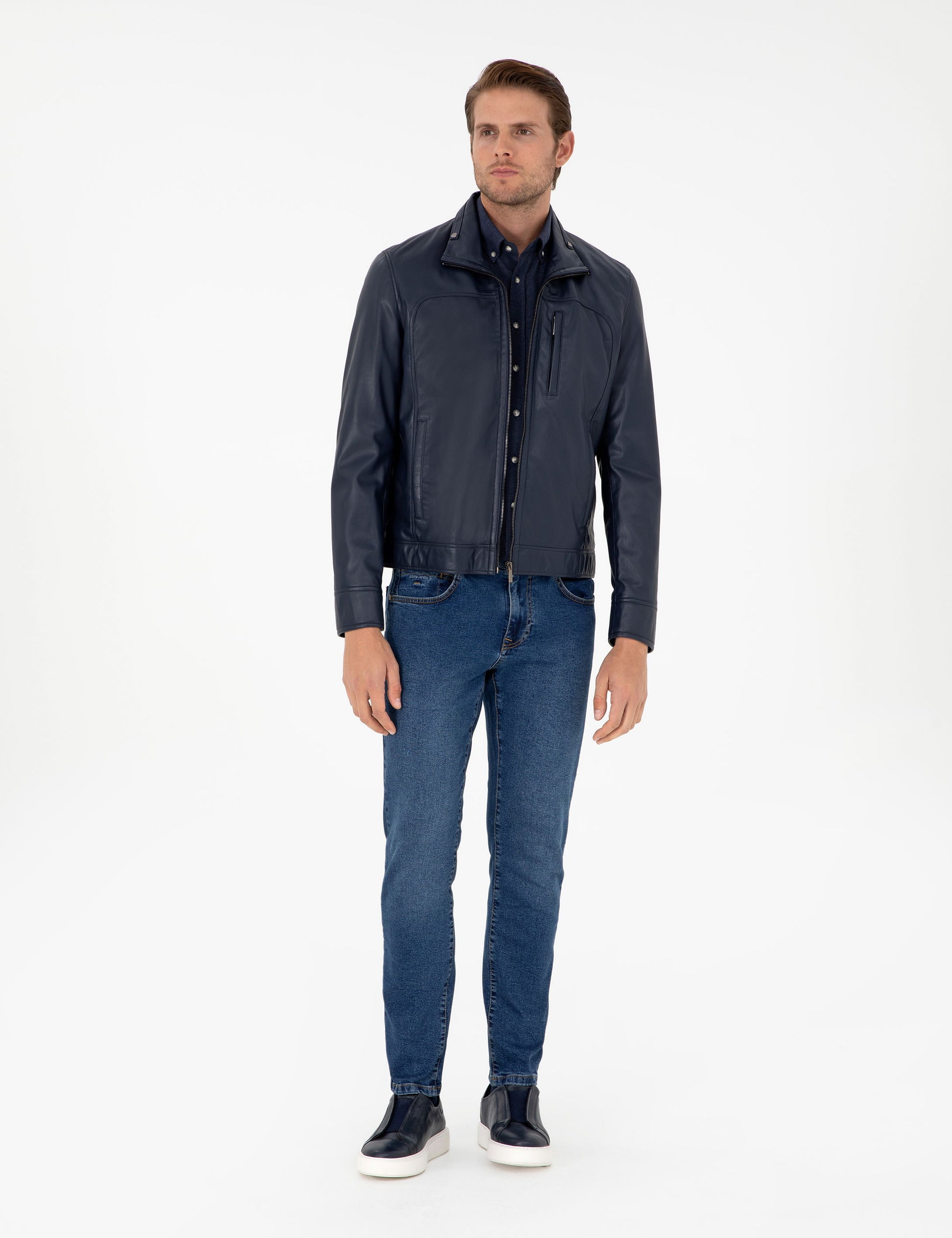 Navy Blue Leather Jacket