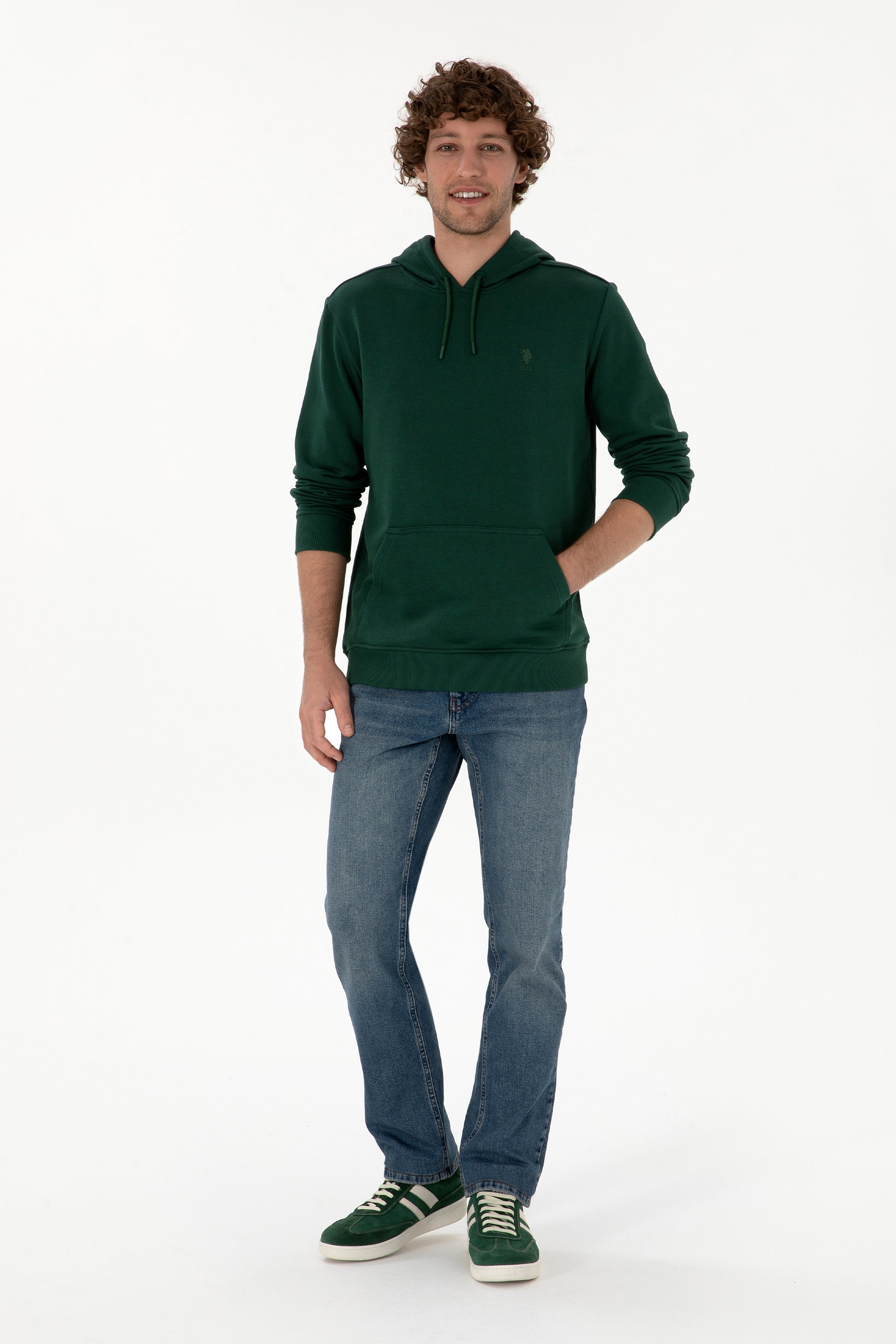 Erkek Regular Fit Kapişonlu Koyu Yeşil Basic Sweatshirt
