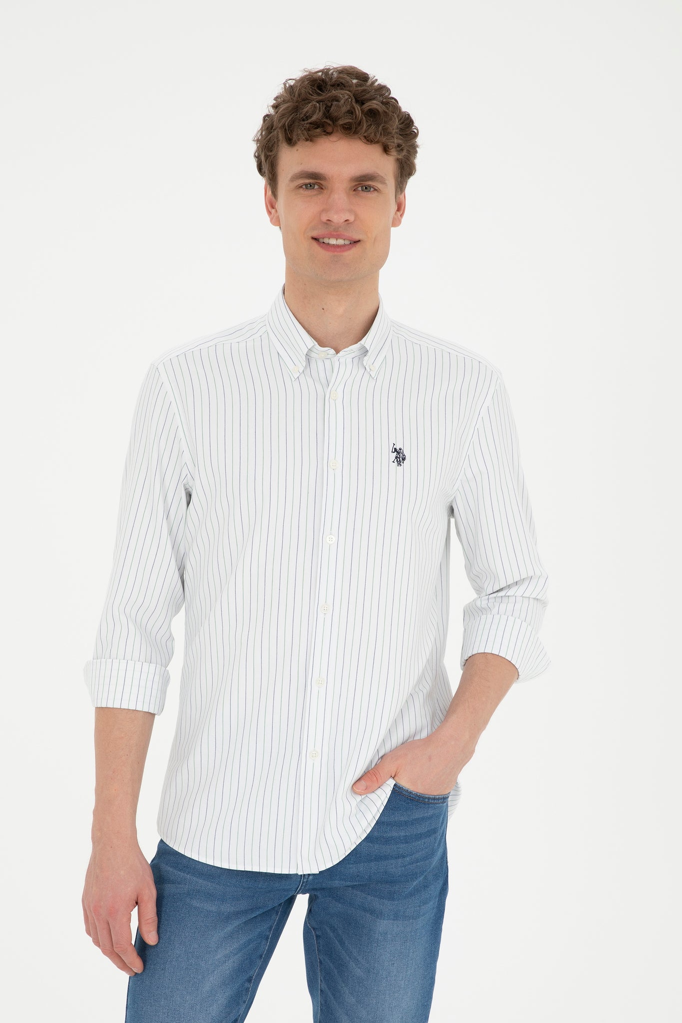 Men's Green Striped White Shirt