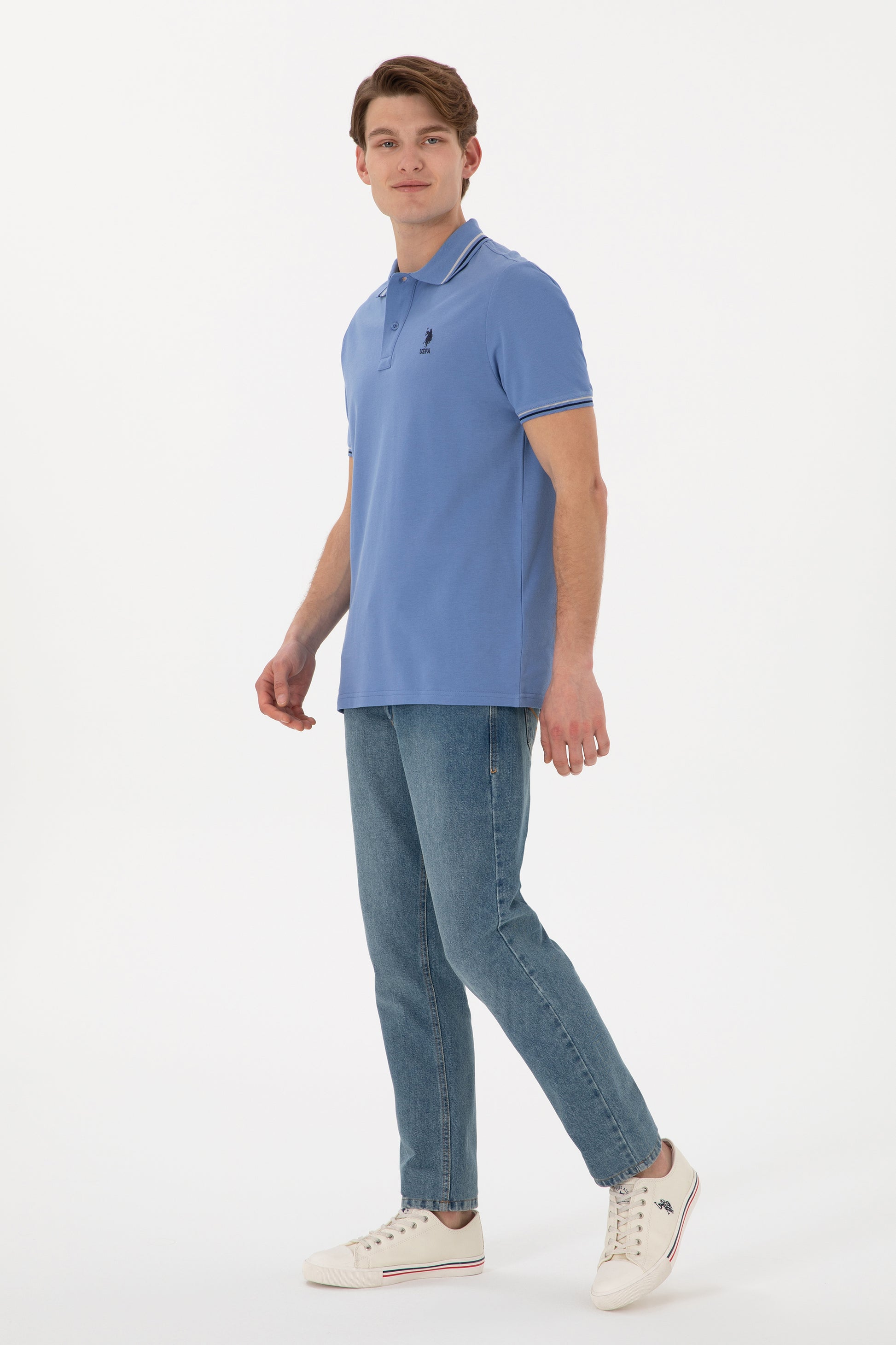 Men's Regular Fit Polo Neck Dark Blue Basic T-Shirt