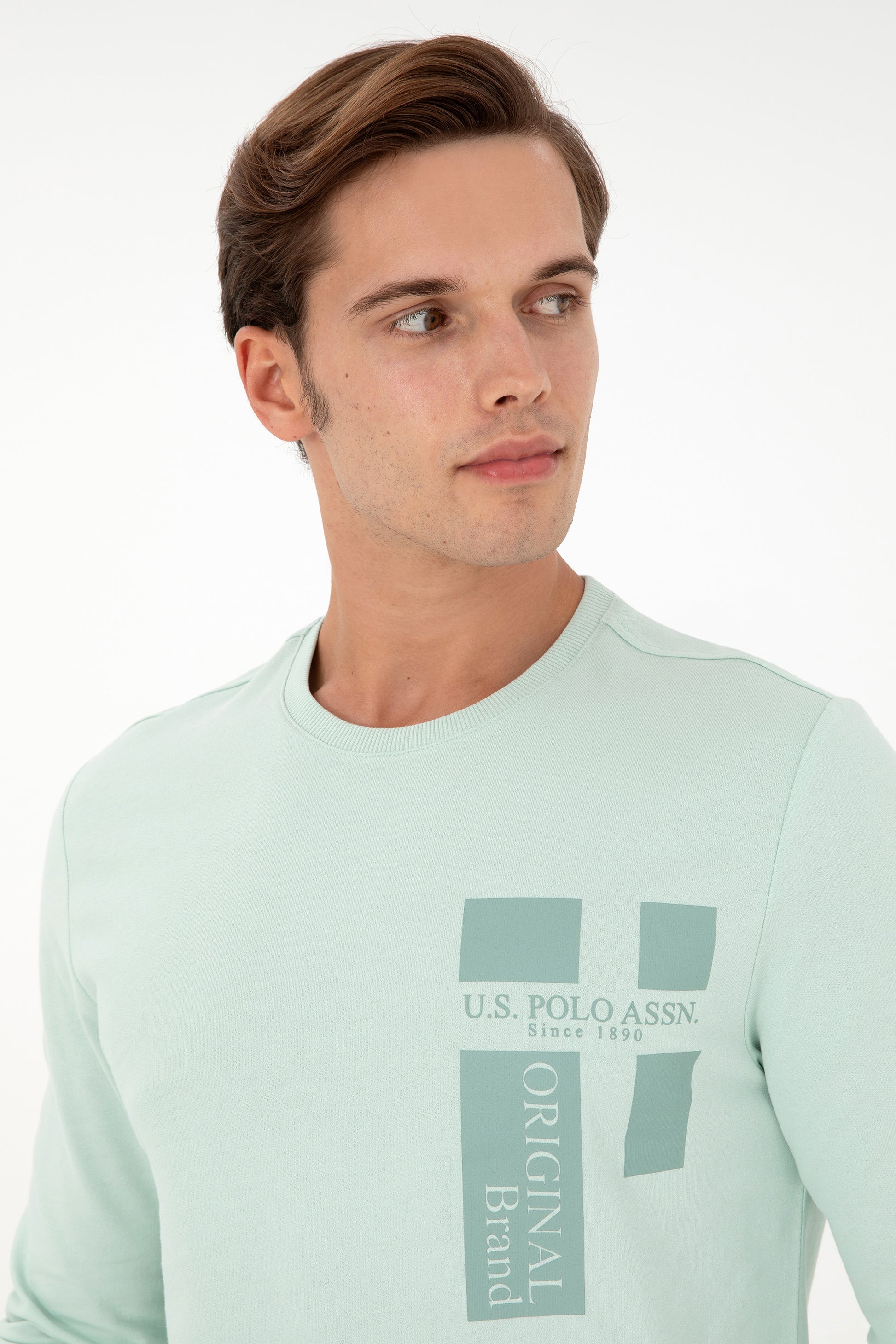 Men's Regular Fit Crew Neck Water Green Sweatshirt