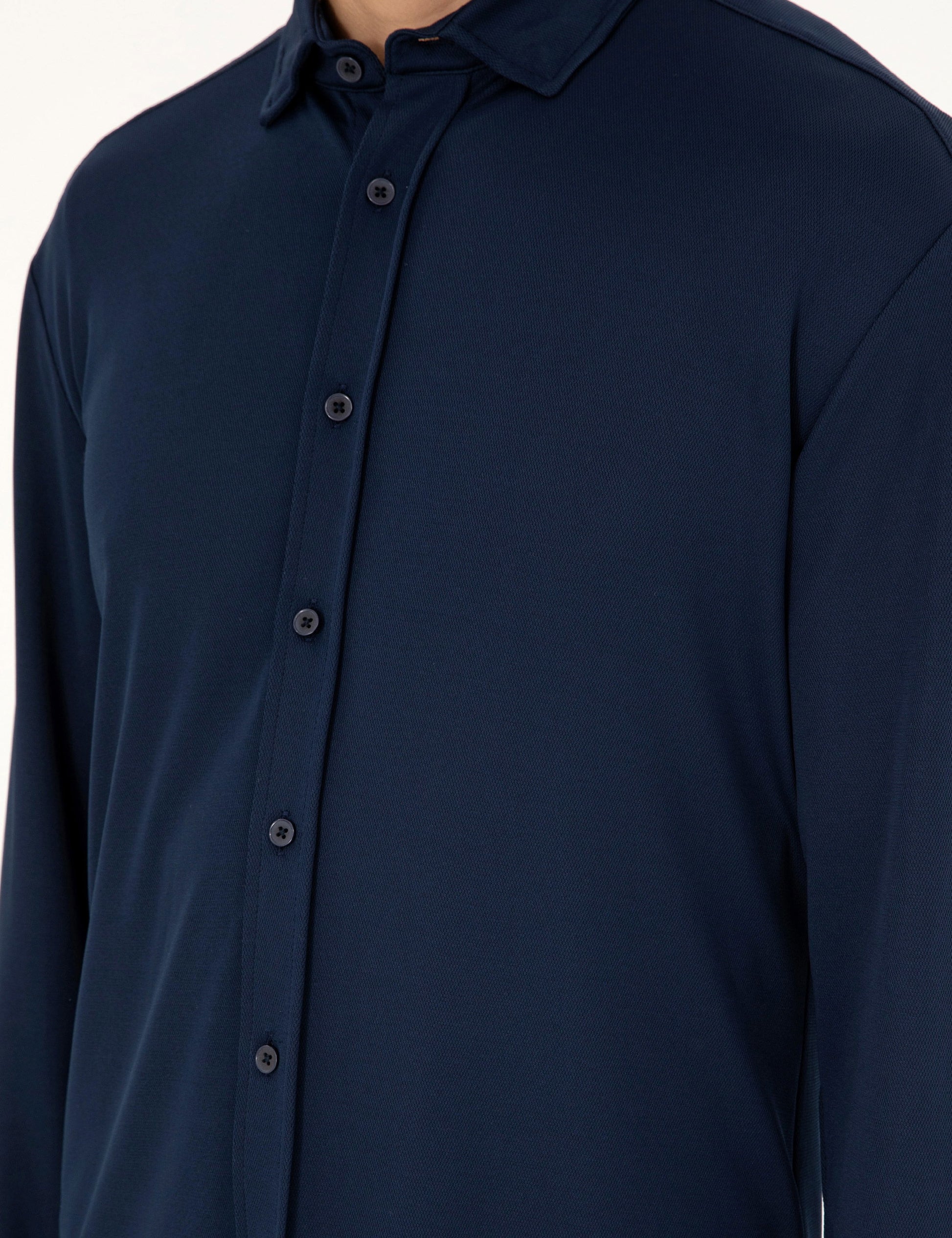 Navy Blue Slim Fit Knitted Shirt
