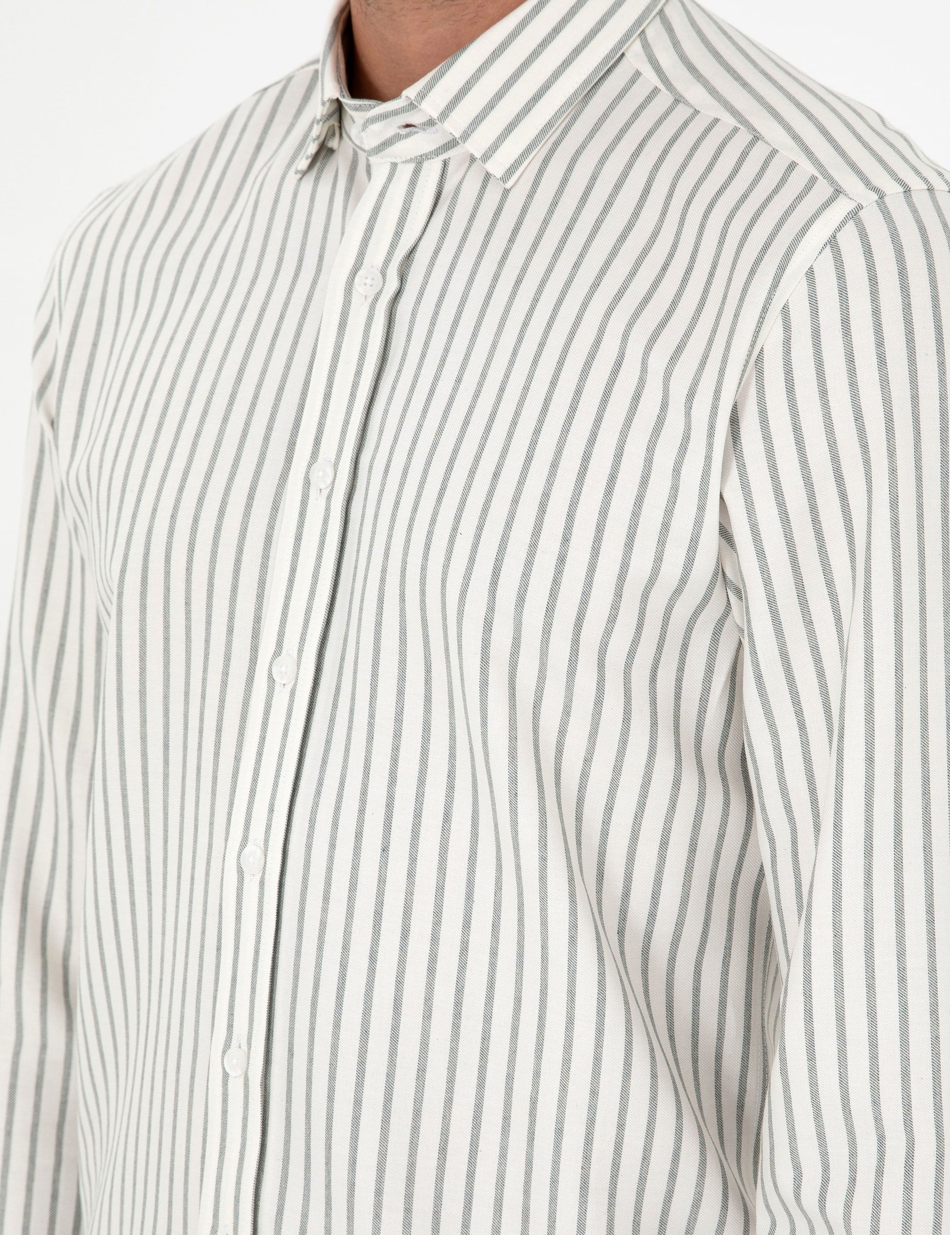 Khaki Striped Slim Fit Long Sleeve Shirt