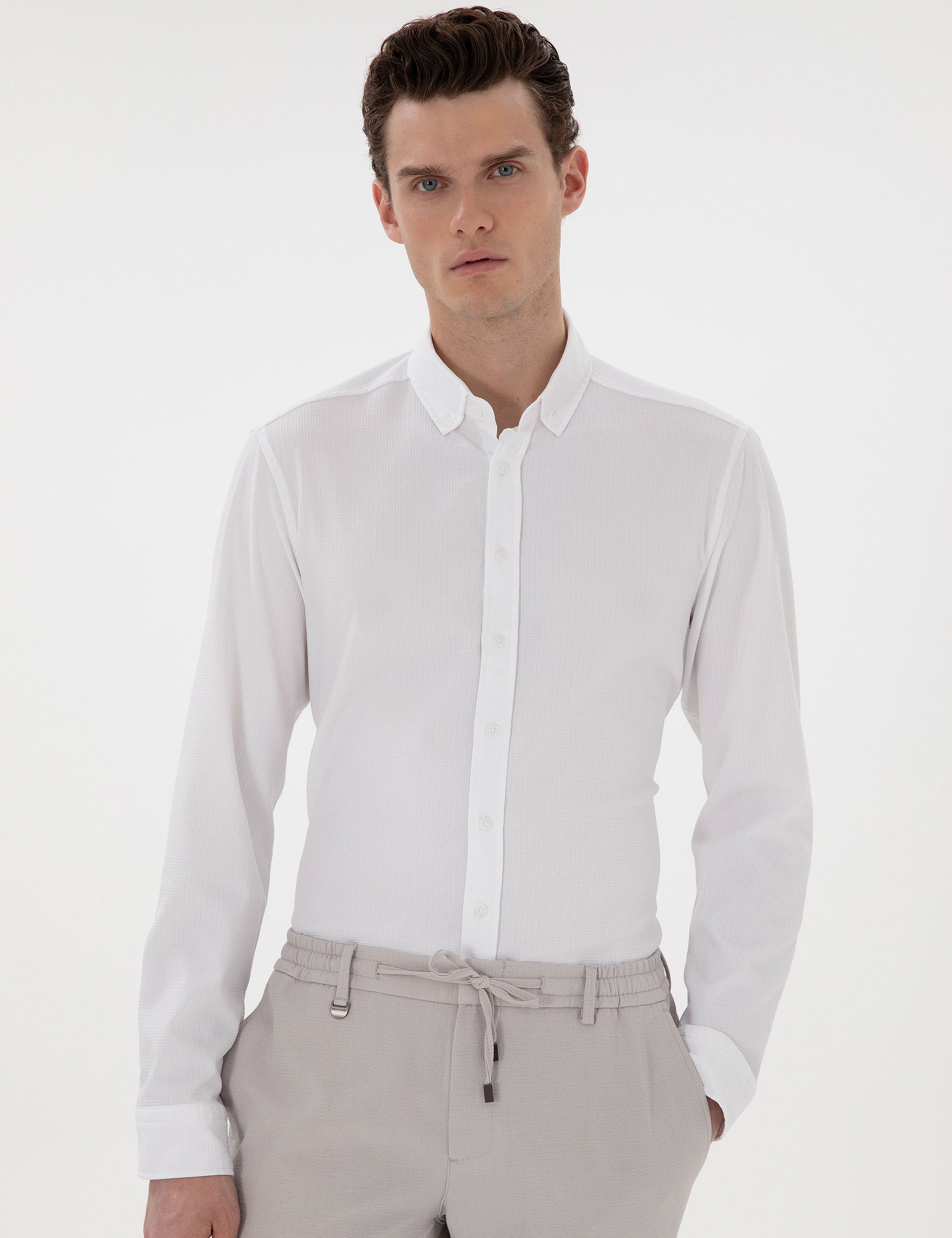 White Slim Fit Striped Long Sleeve Shirt