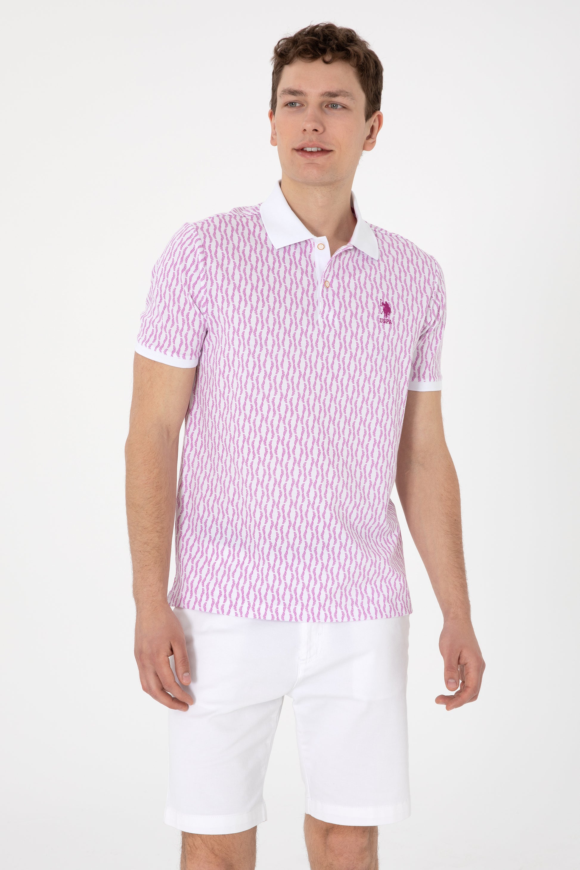 Men's Regular Fit Polo Neck Purple Patterned T-Shirt