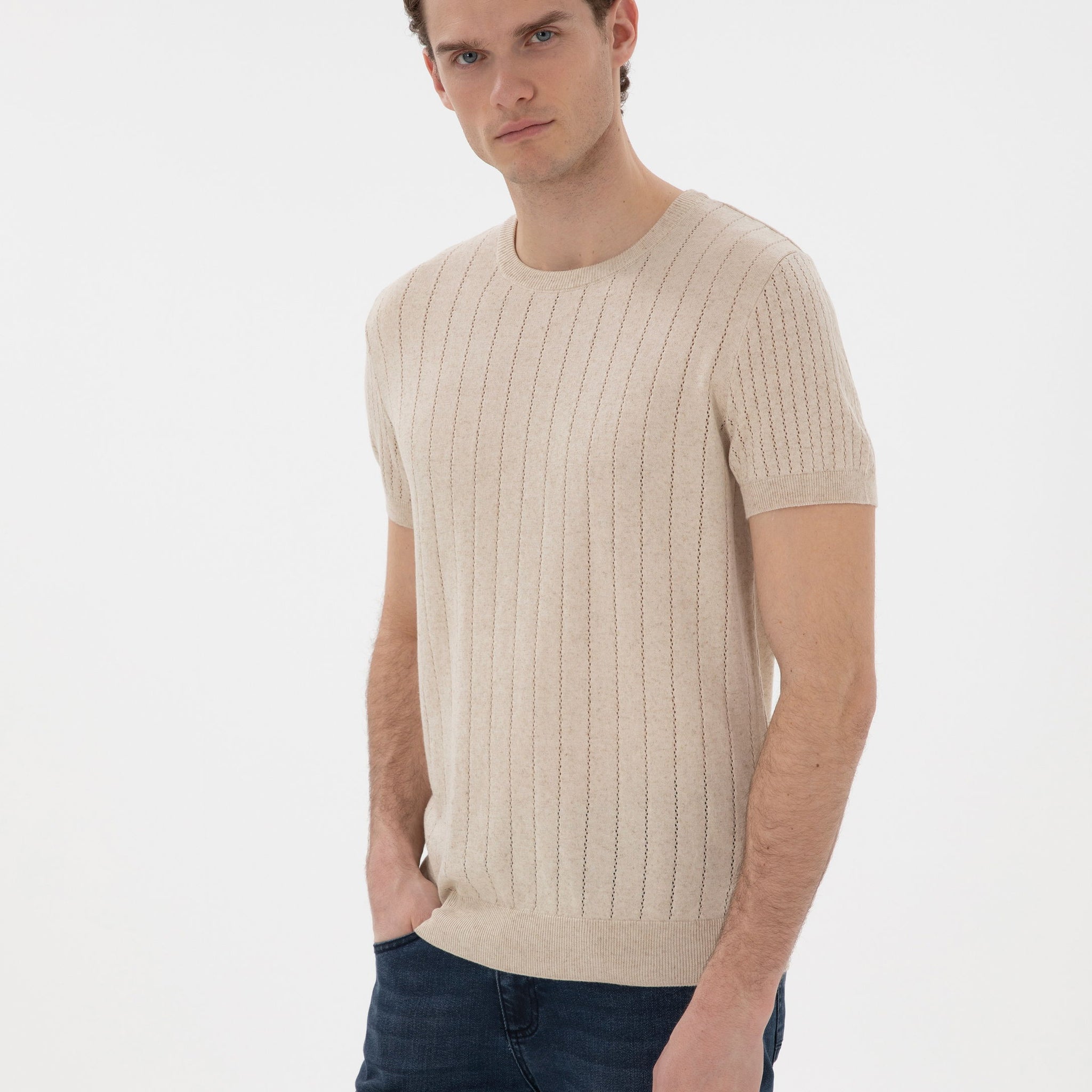 Beige Linen Blended Regular Fit Crew Neck Sweater T-Shirt