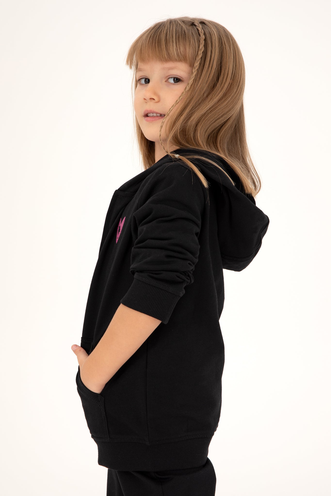 Girls' Black Zipper Basic Sweatshirt