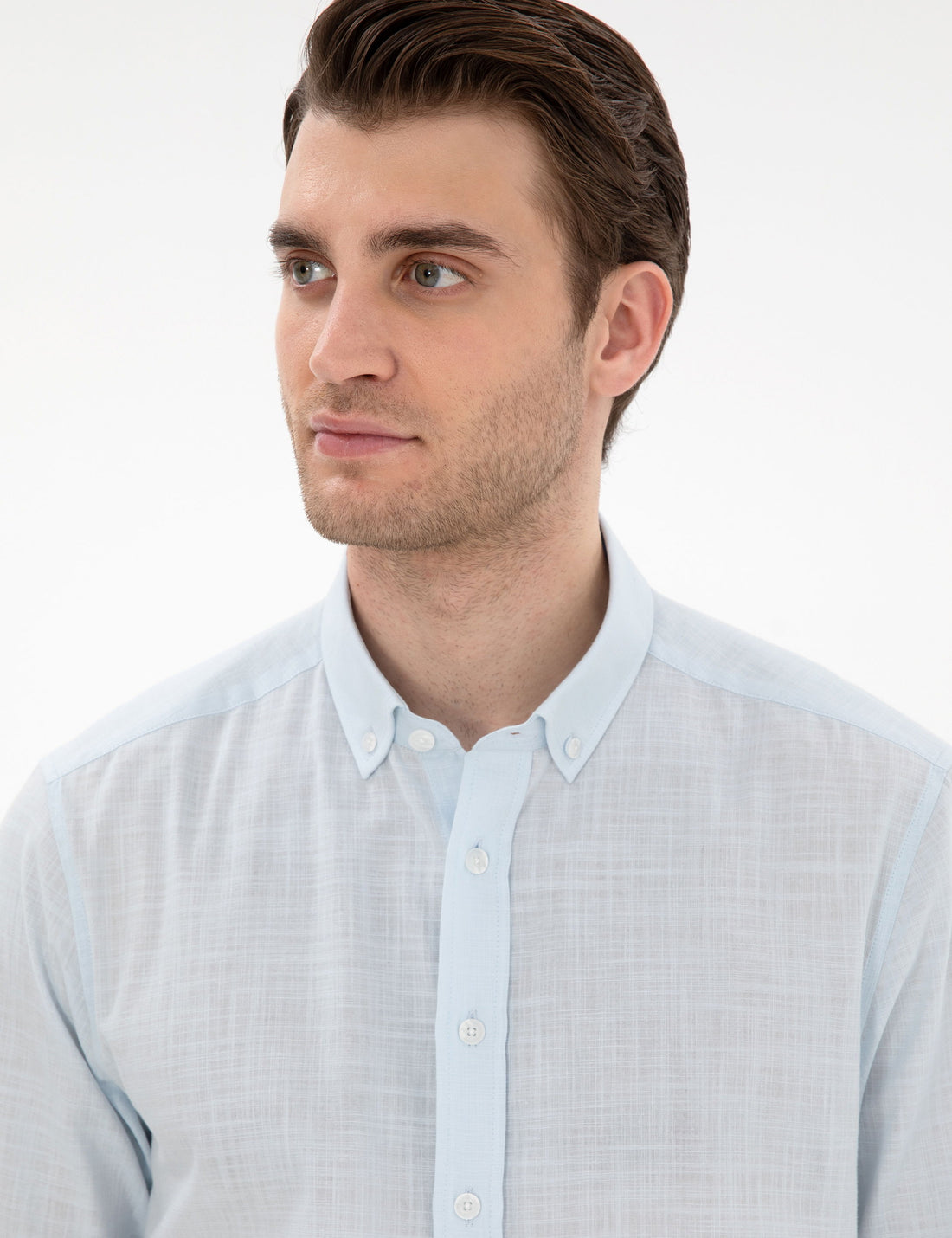 Light Blue Linen Look Slim Fit Long Sleeve Shirt