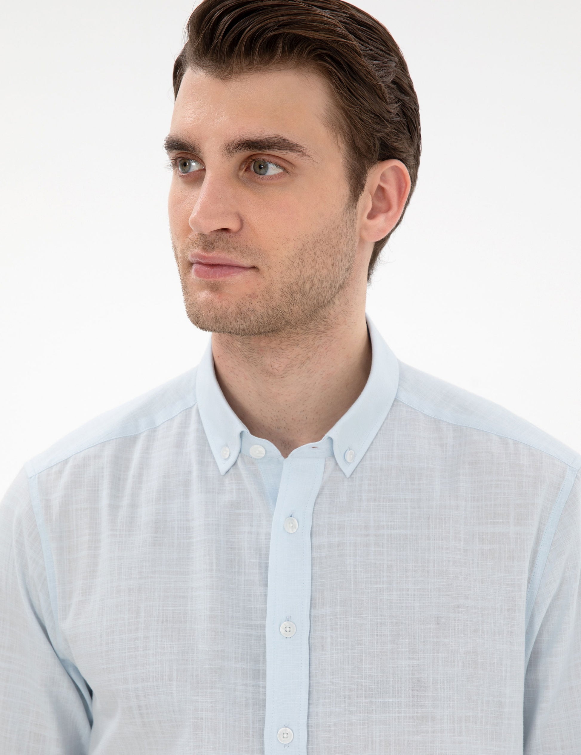 Light Blue Linen Look Slim Fit Long Sleeve Shirt
