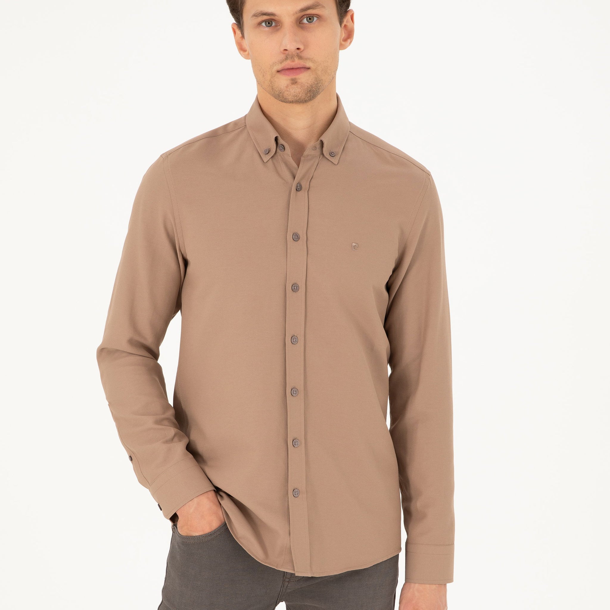 Light Brown Slim Fit Long Sleeve Shirt