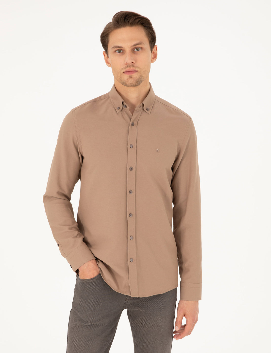 Light Brown Slim Fit Long Sleeve Shirt