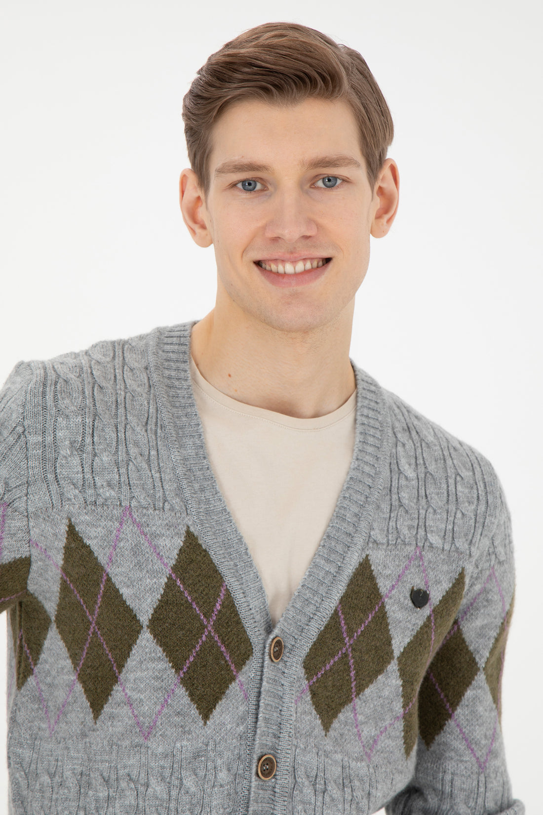 Men's Grey Melange Knitwear Cardigan