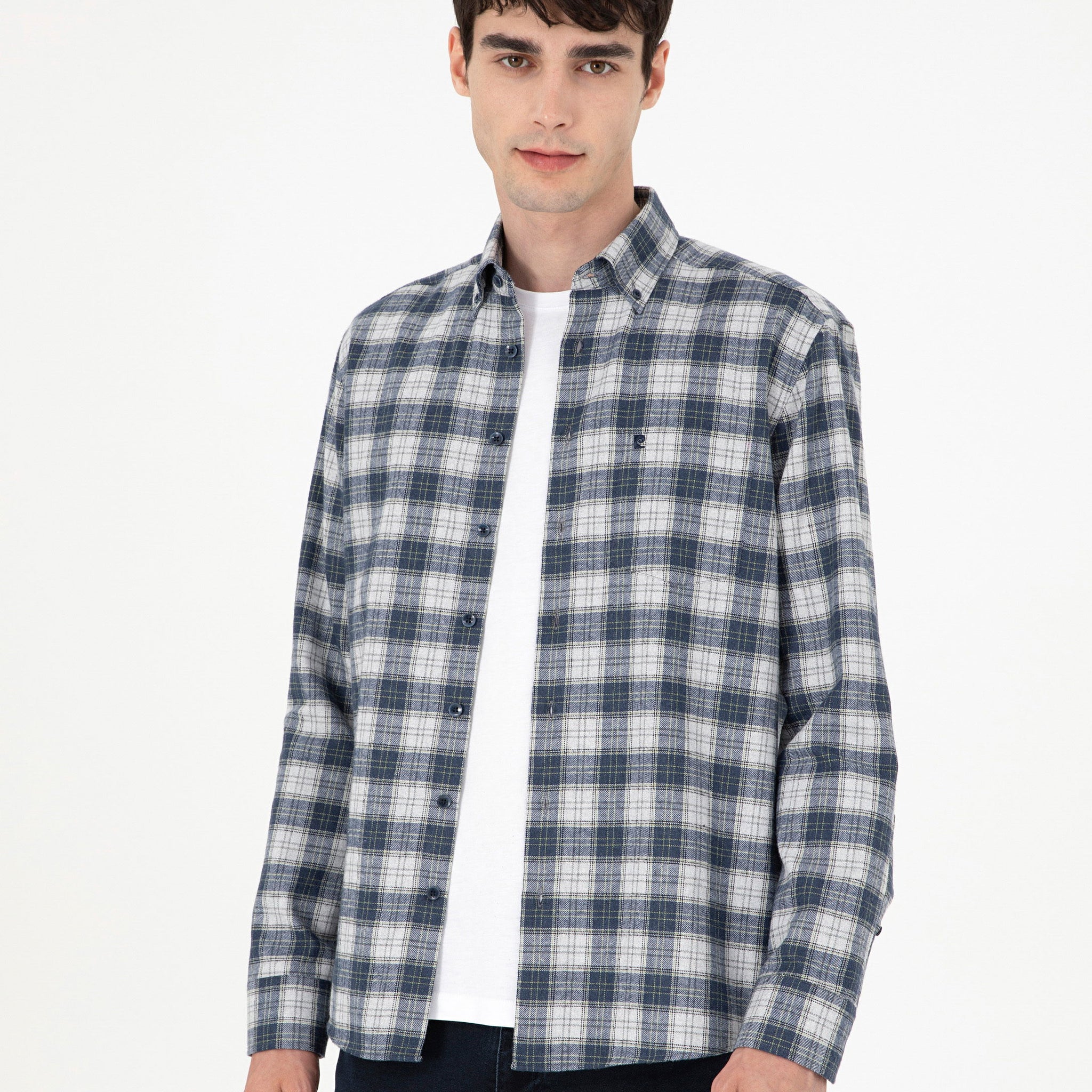 Navy Blue Plaid Regular Fit Long Sleeve Shirt
