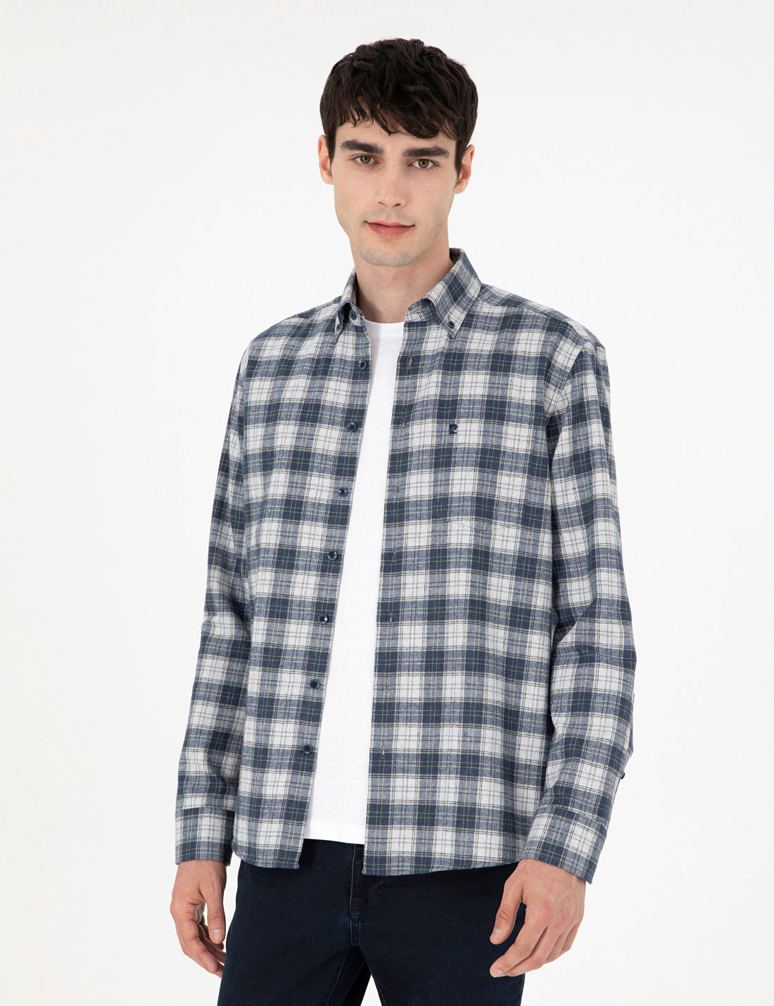 Navy Blue Plaid Regular Fit Long Sleeve Shirt