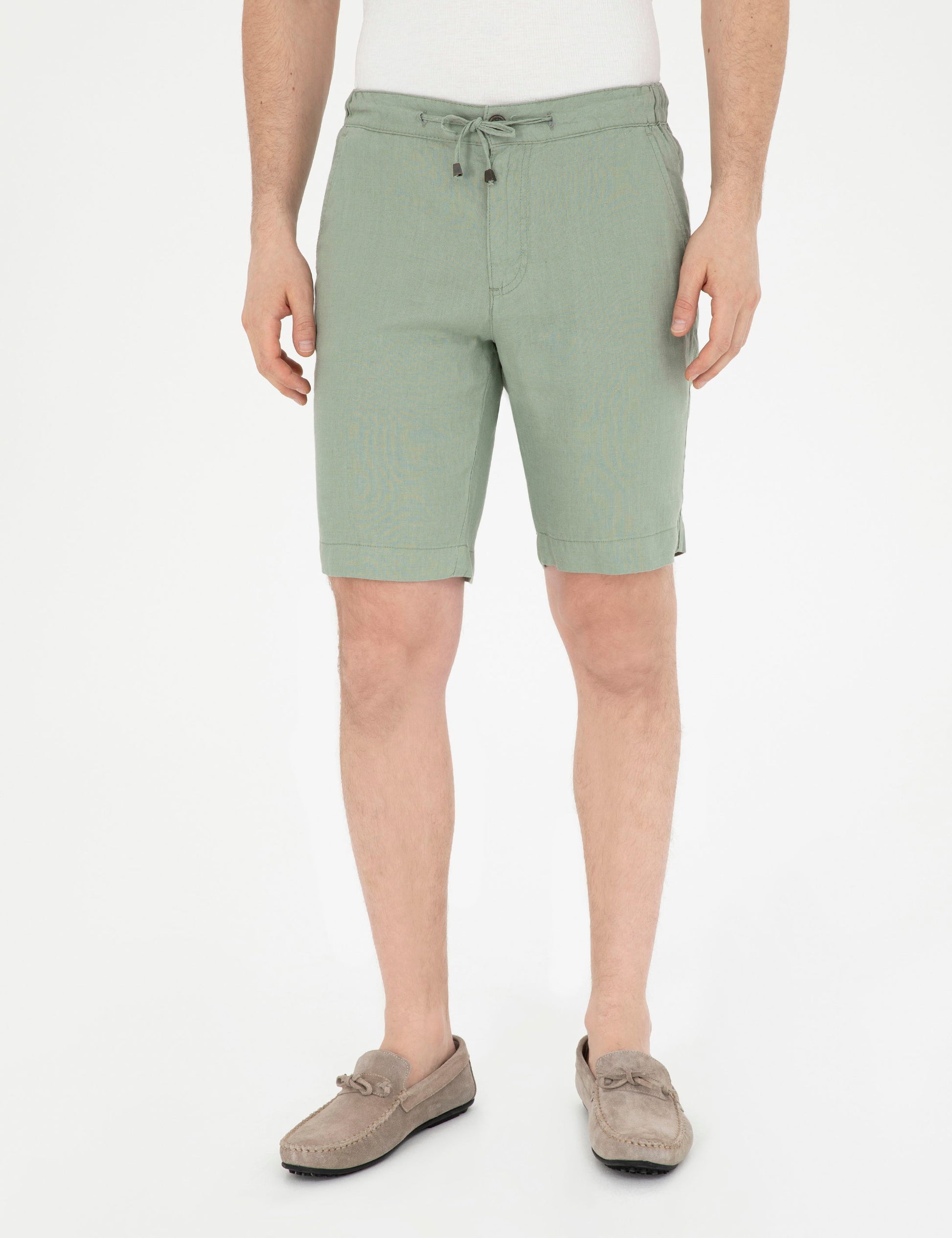 Green Slim Fit Linen Waist Elastic Woven Shorts