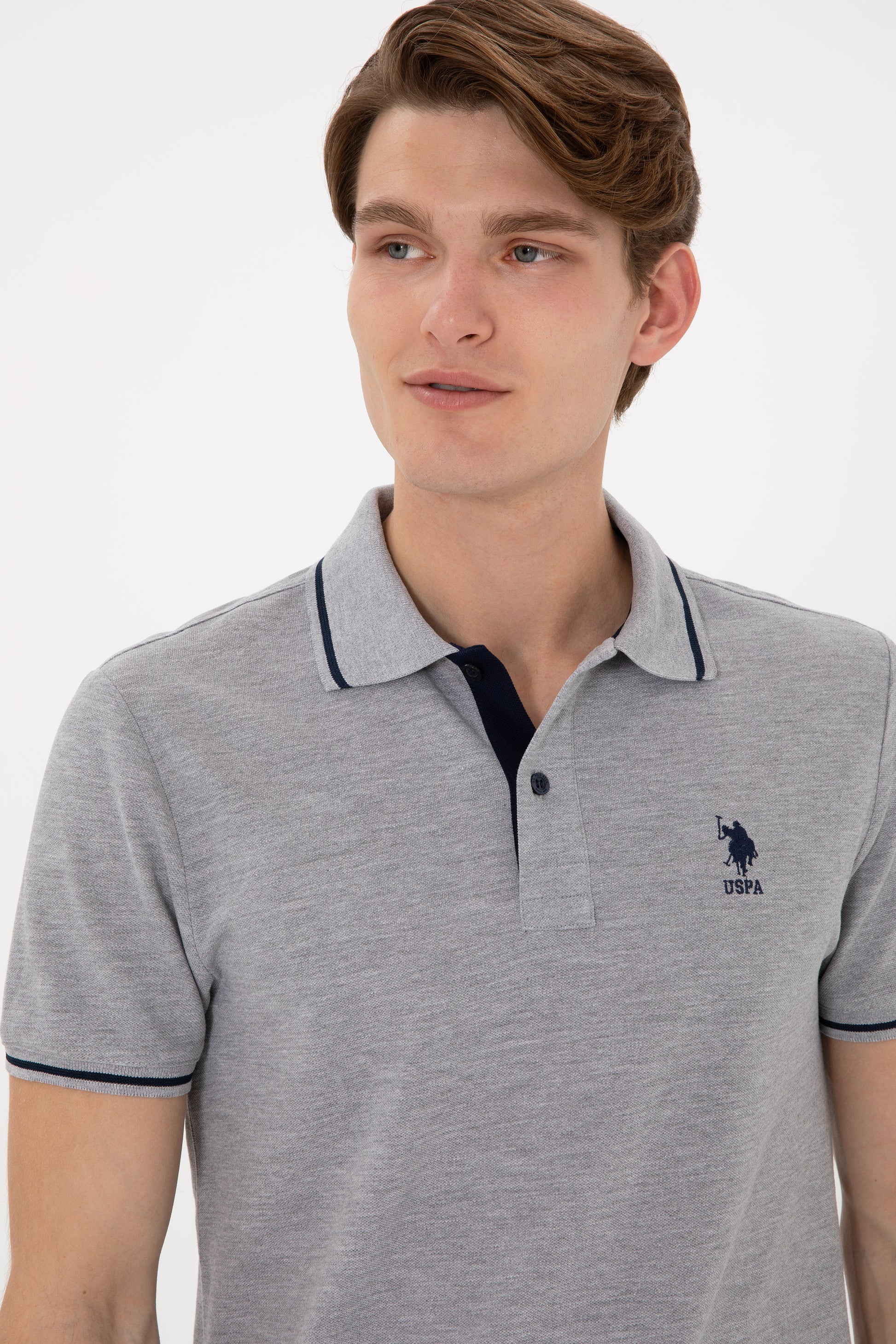 Men's Slim Fit Polo Neck Grey Melange Basic T-Shirt
