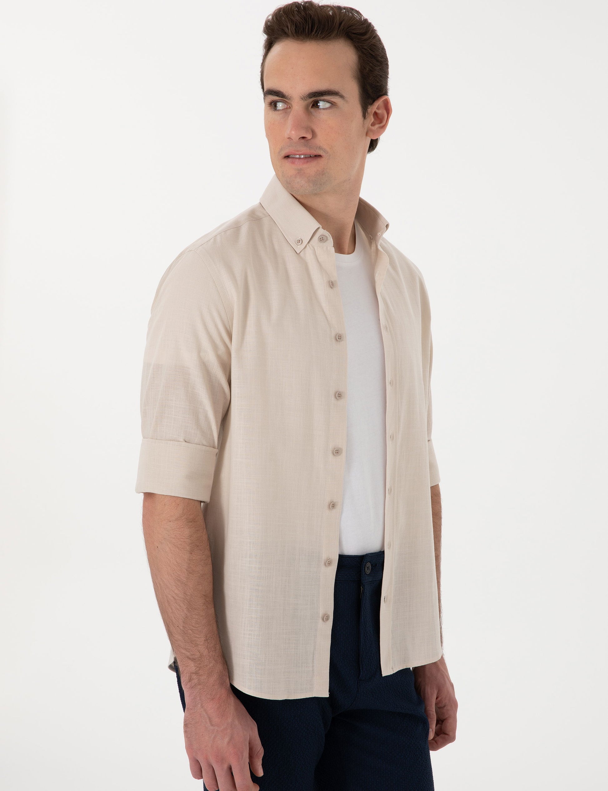 Beige Linen Look Slim Fit Long Sleeve Shirt