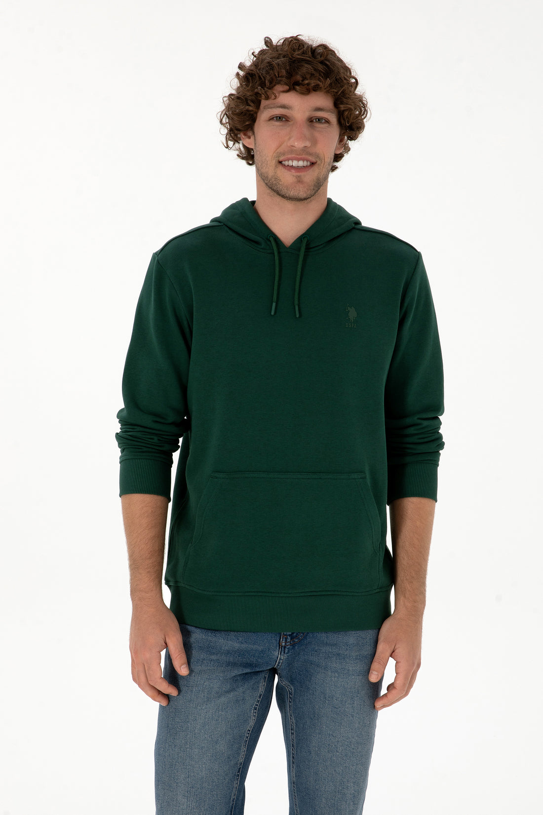 Erkek Regular Fit Kapişonlu Koyu Yeşil Basic Sweatshirt