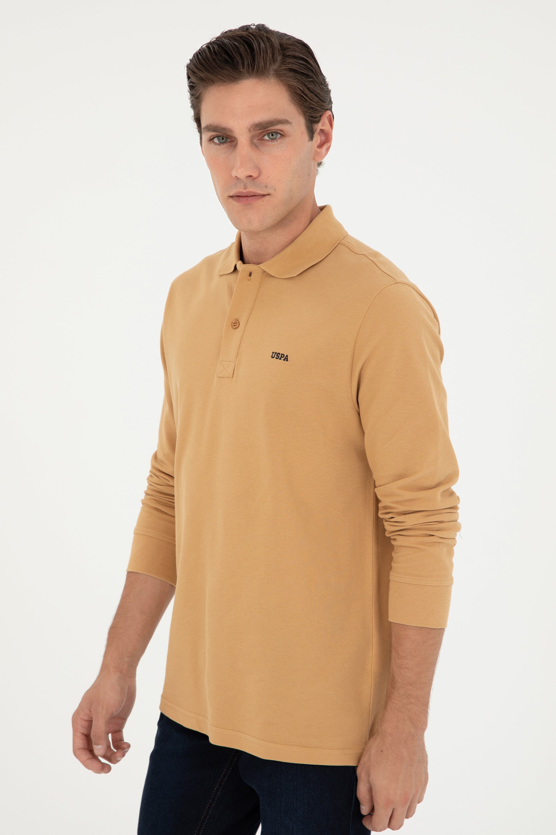 Men's Regular Fit Polo Neck Camel Basic Sweatshirt