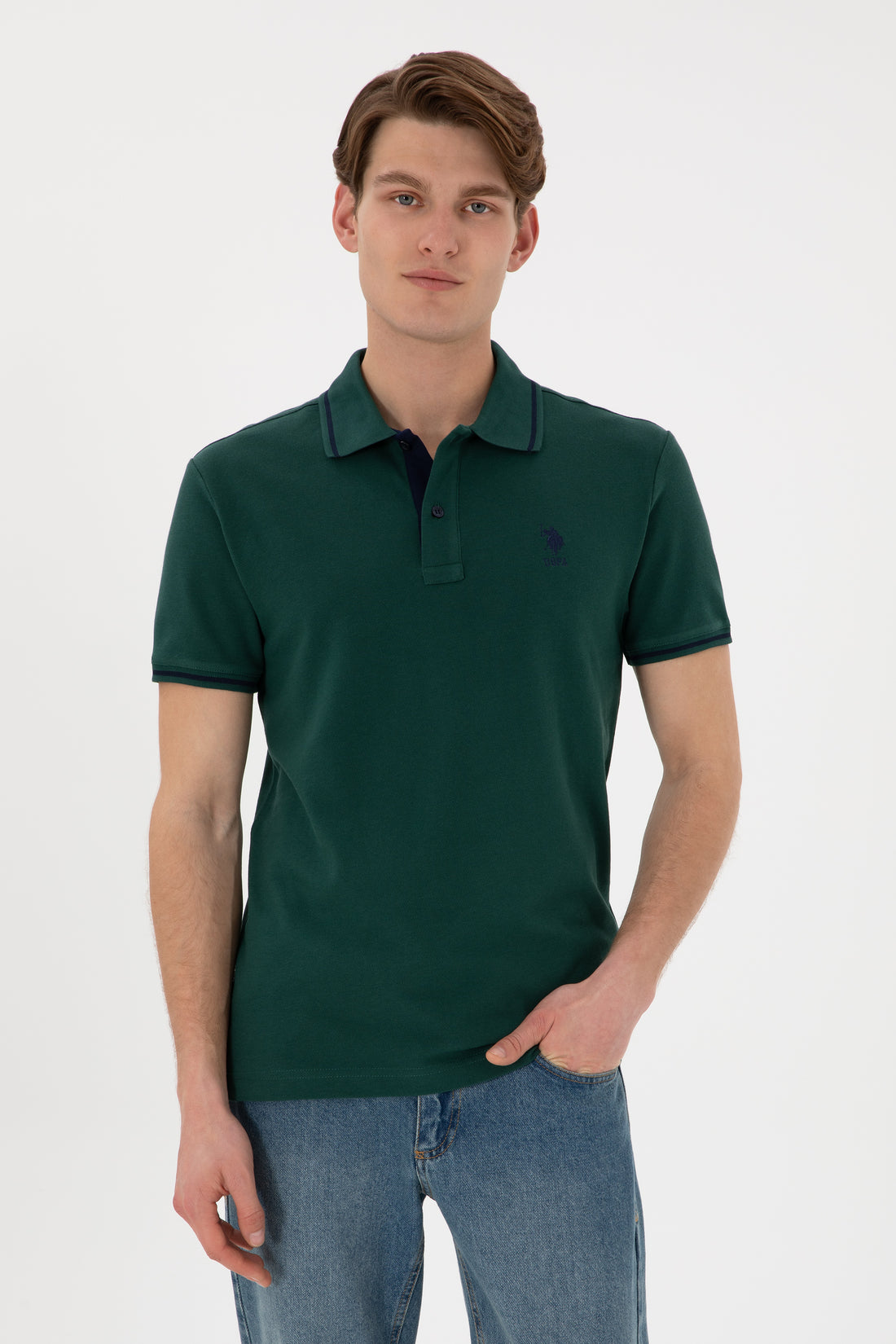 Men's Slim Fit Polo Neck Dark Green Basic T-Shirt