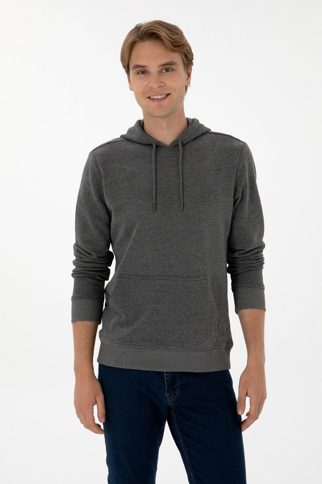 Erkek Regular Fit Kapişonlu Antrasit Melanj Basic Sweatshirt