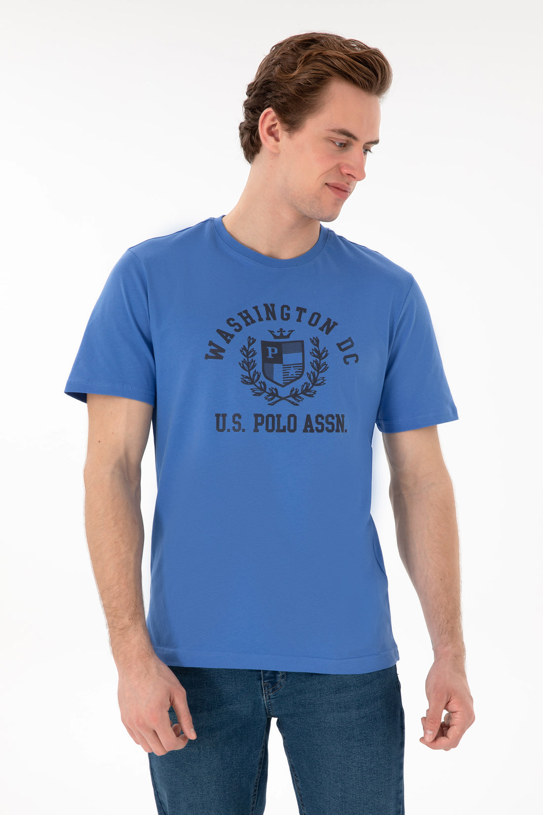 Men's Regular Fit Crew Neck Printed Indigo T-Shirt