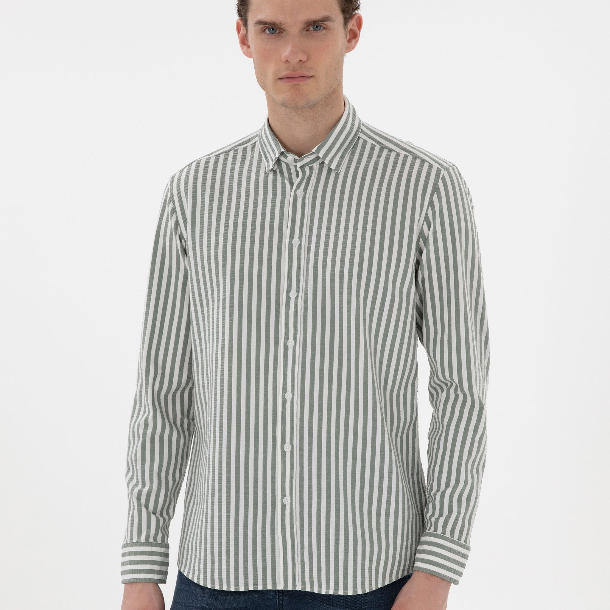 Khaki Regular Fit Striped Long Sleeve Shirt
