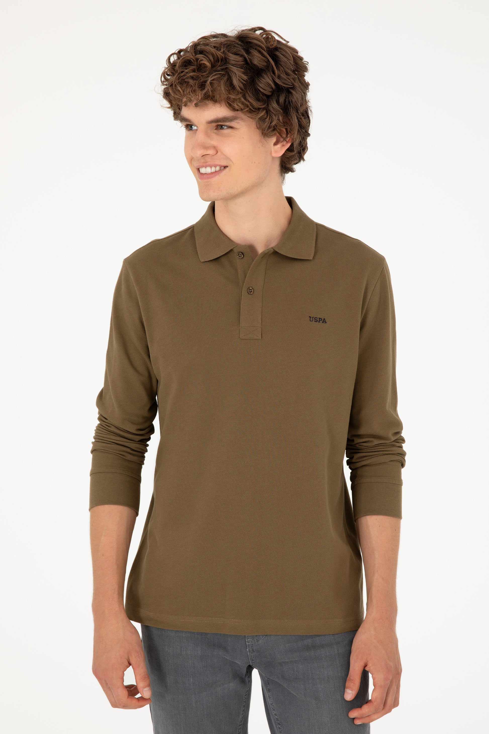 Men's Regular Fit Polo Neck Khaki Basic Sweatshirt