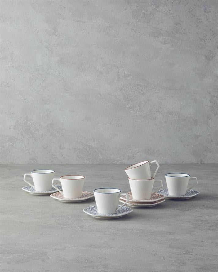 Evie Bone Porcelain 12 Piece 6 Seater Coffee Cup Set Orange-Blue