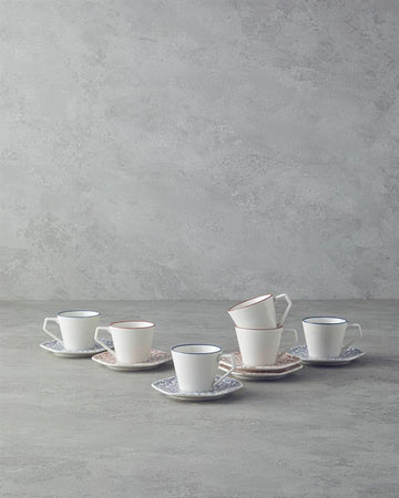 Evie Bone Porcelain 12 Piece 6 Seater Coffee Cup Set Orange-Blue