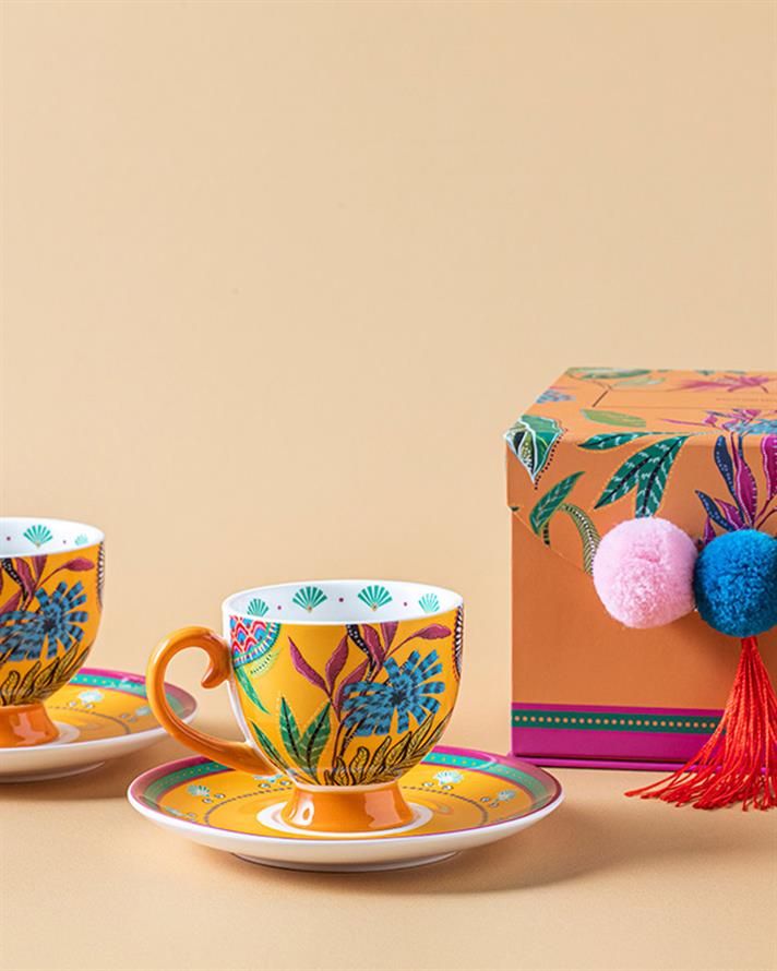 Exotic Wild New Bone China 4 Piece 2 Seater Coffee Cup Set Yellow