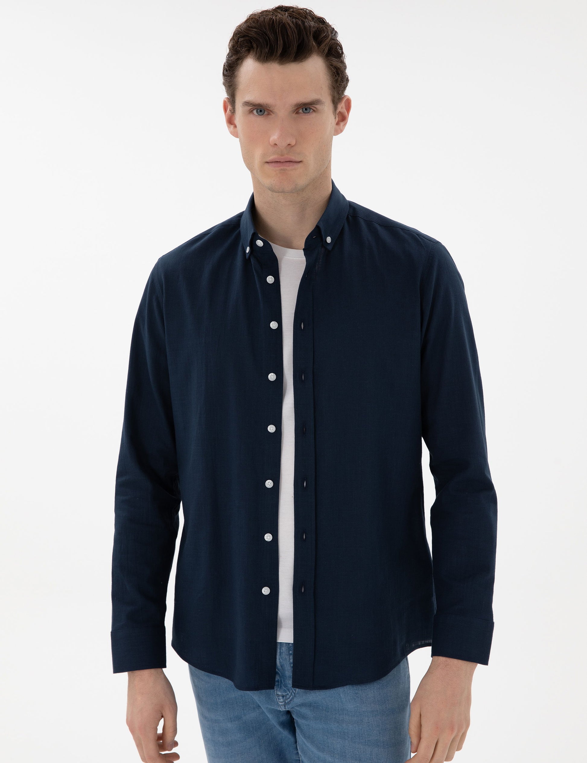 Navy Blue Slim Fit Linen Look Shirt