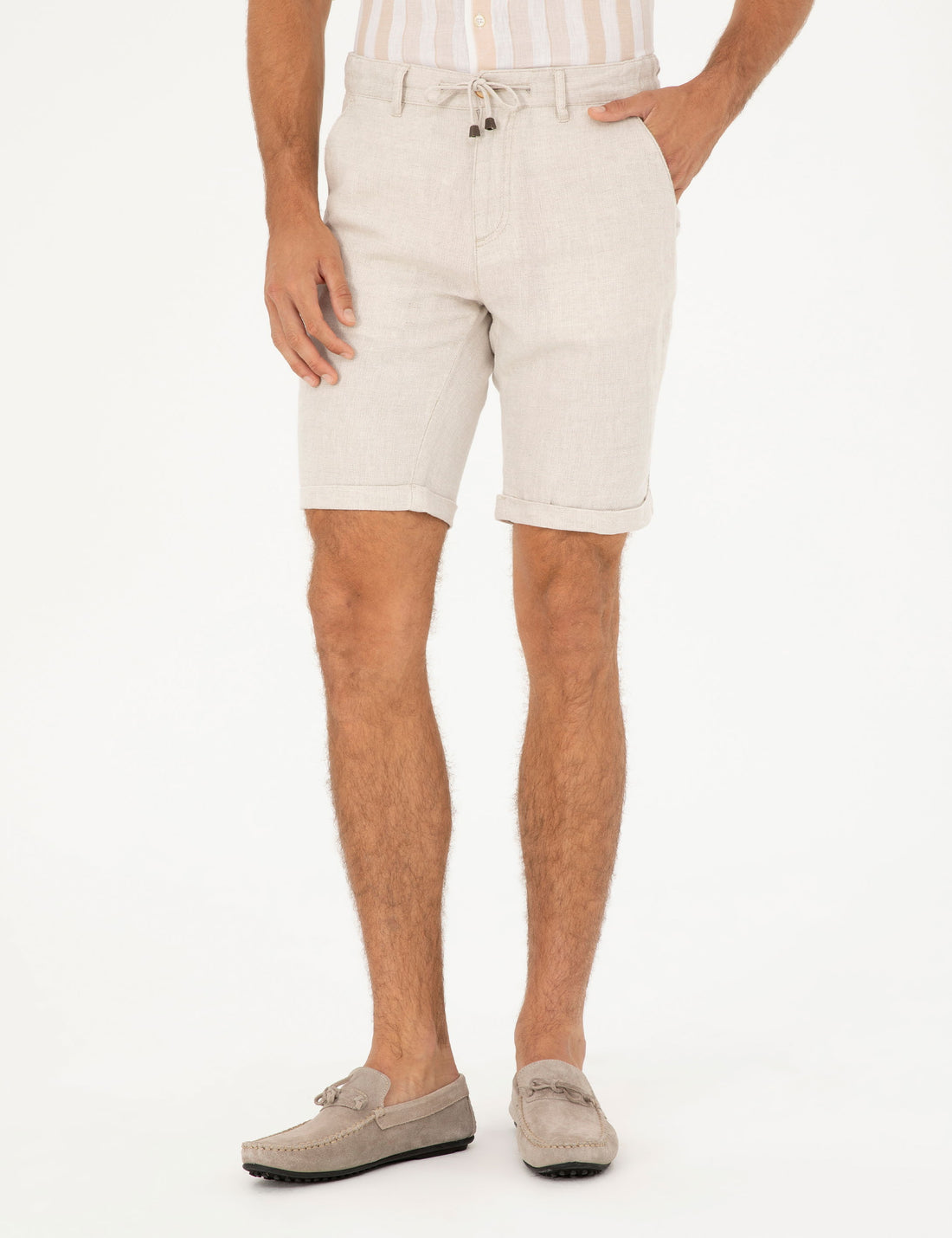 Beige Slim Fit Linen Blend Woven Shorts