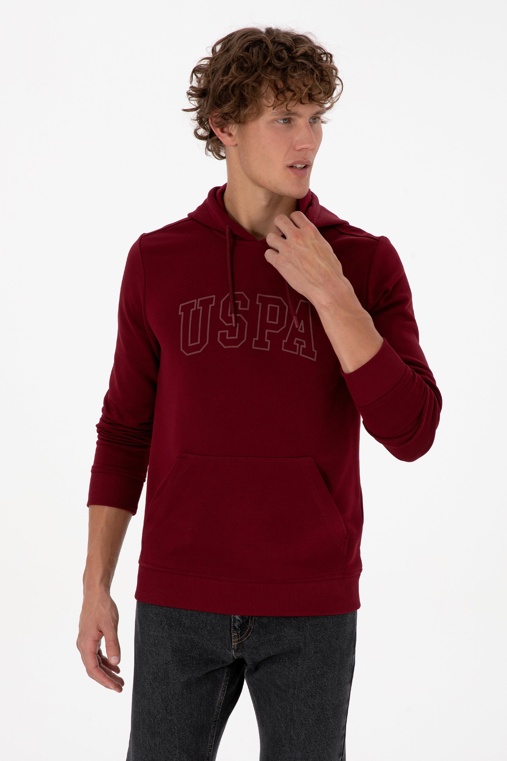 Erkek Regular Fit Kapüşonlu Bordo Basic Sweatshirt