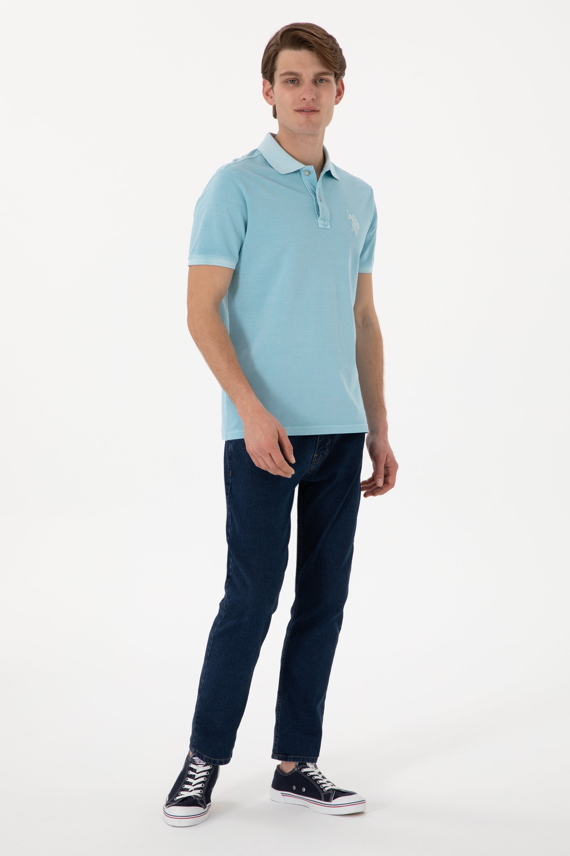 Men's Slim Fit Polo Neck Light Blue Wash Basic T-Shirt