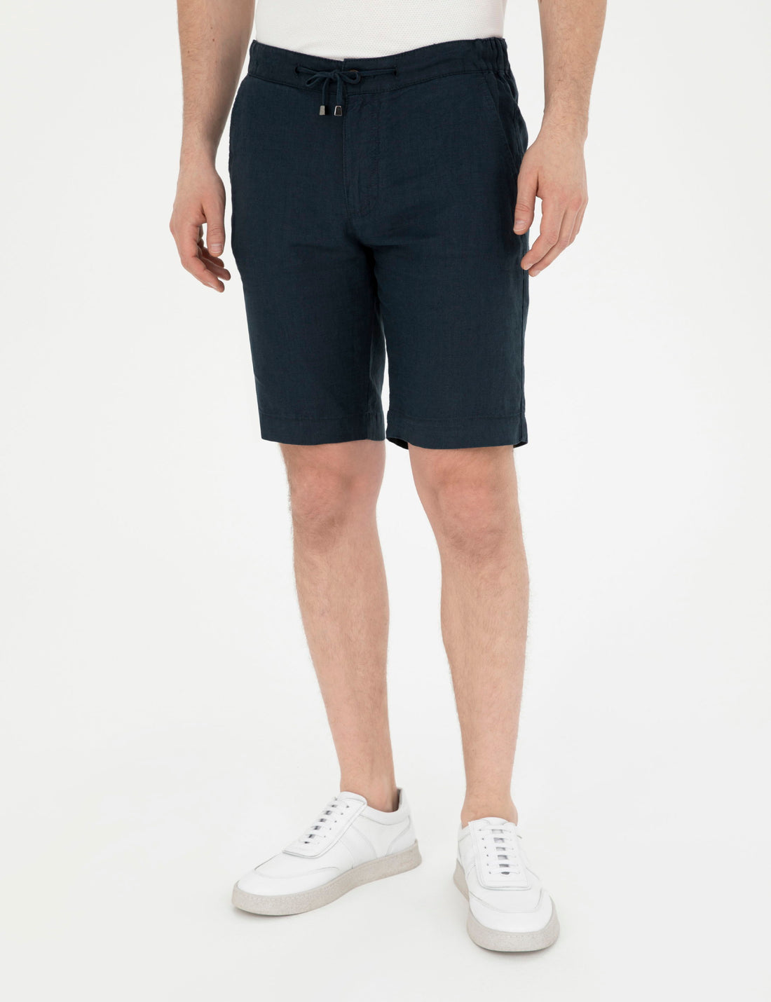 Navy Blue Slim Fit Linen Elastic Waist Woven Shorts