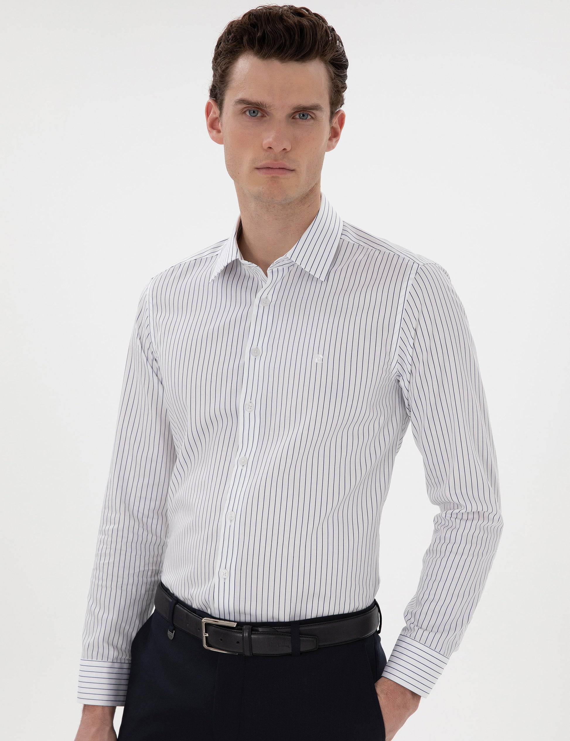 Navy Blue Slim Fit Striped Long Sleeve Shirt