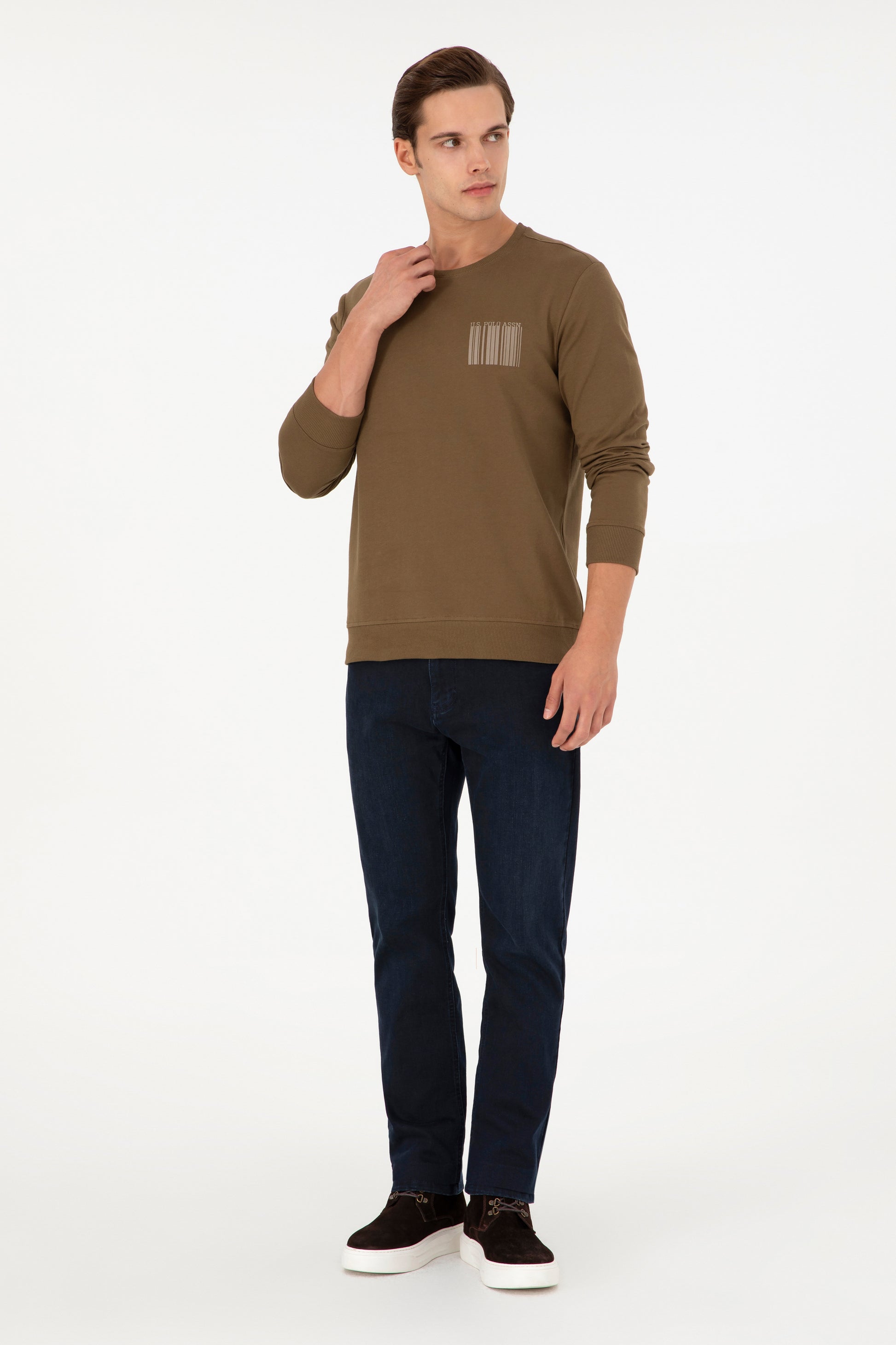 Men's Regular Fit Crew Neck Khaki Sweatshirt