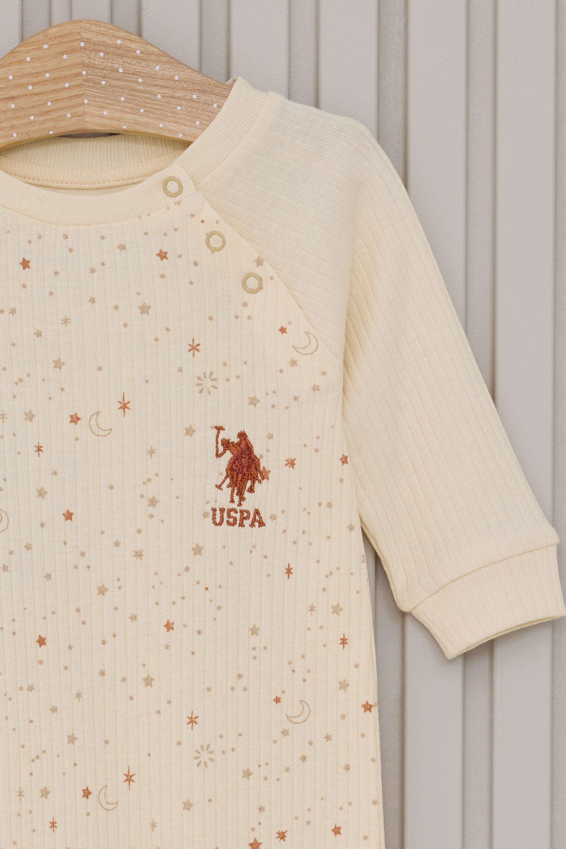 Baby Girl Cream Patched Sky Pattern Ribbed 100% Cotton Jumpsuit