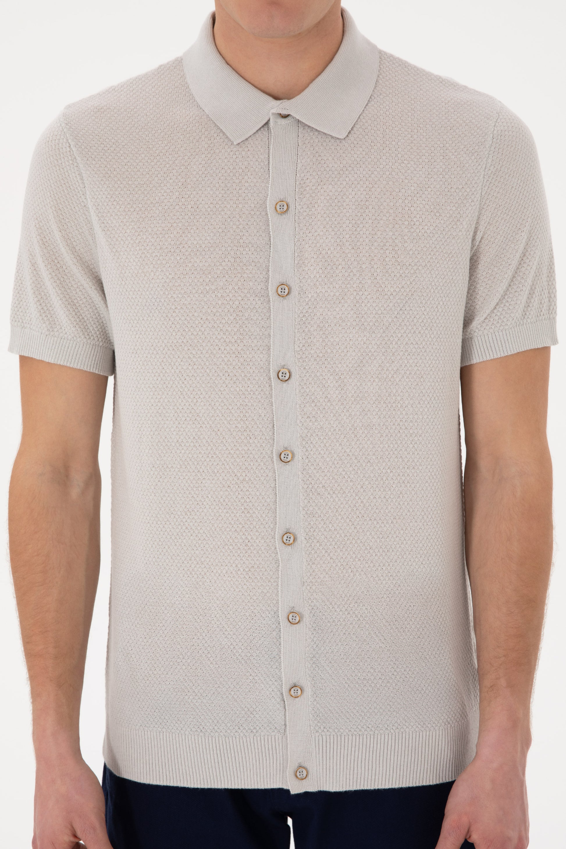 Men's Regular Fit Light Grey Buttoned Knitwear T-Shirt