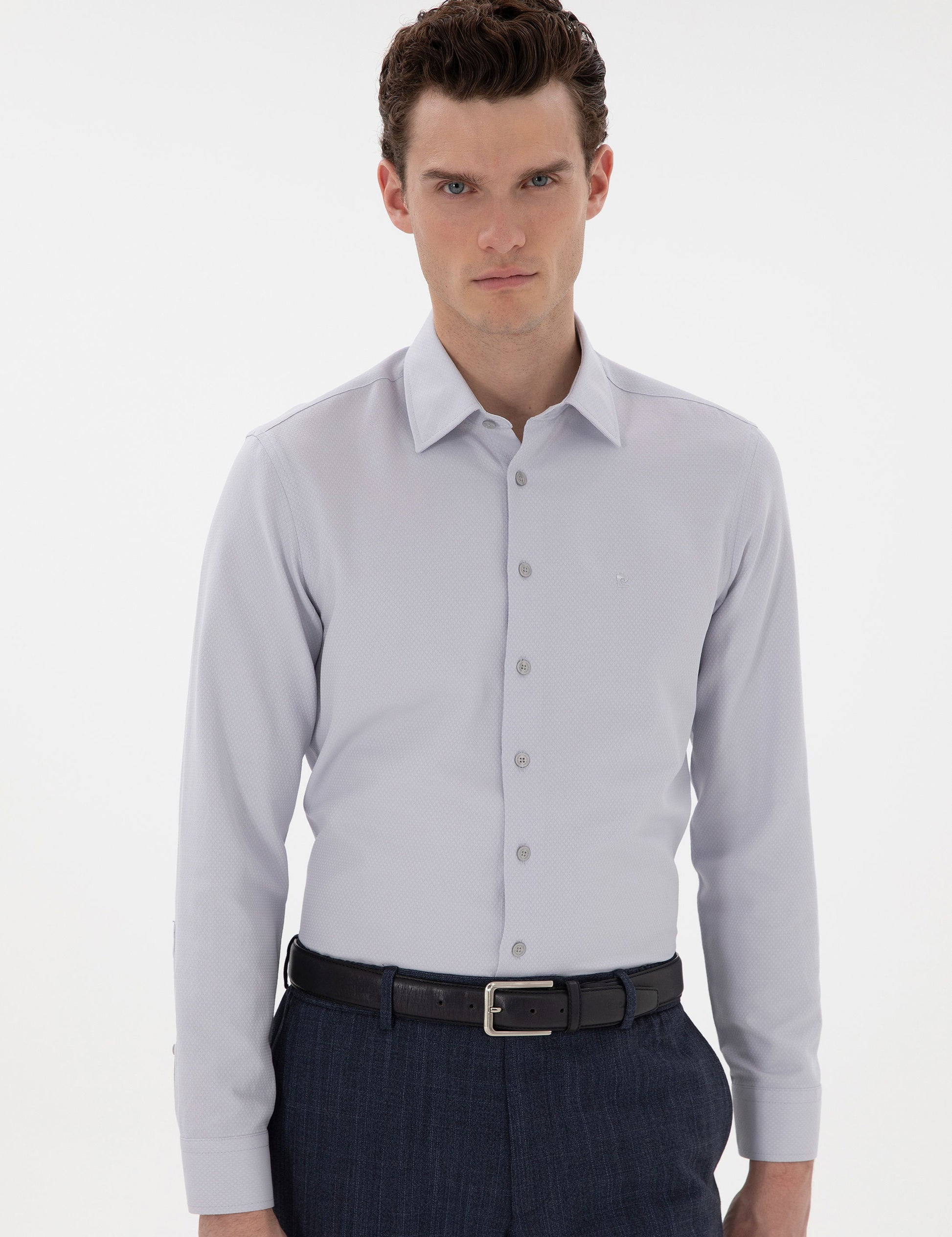 Grey Italian Collar Ruffle Long Sleeve Shirt