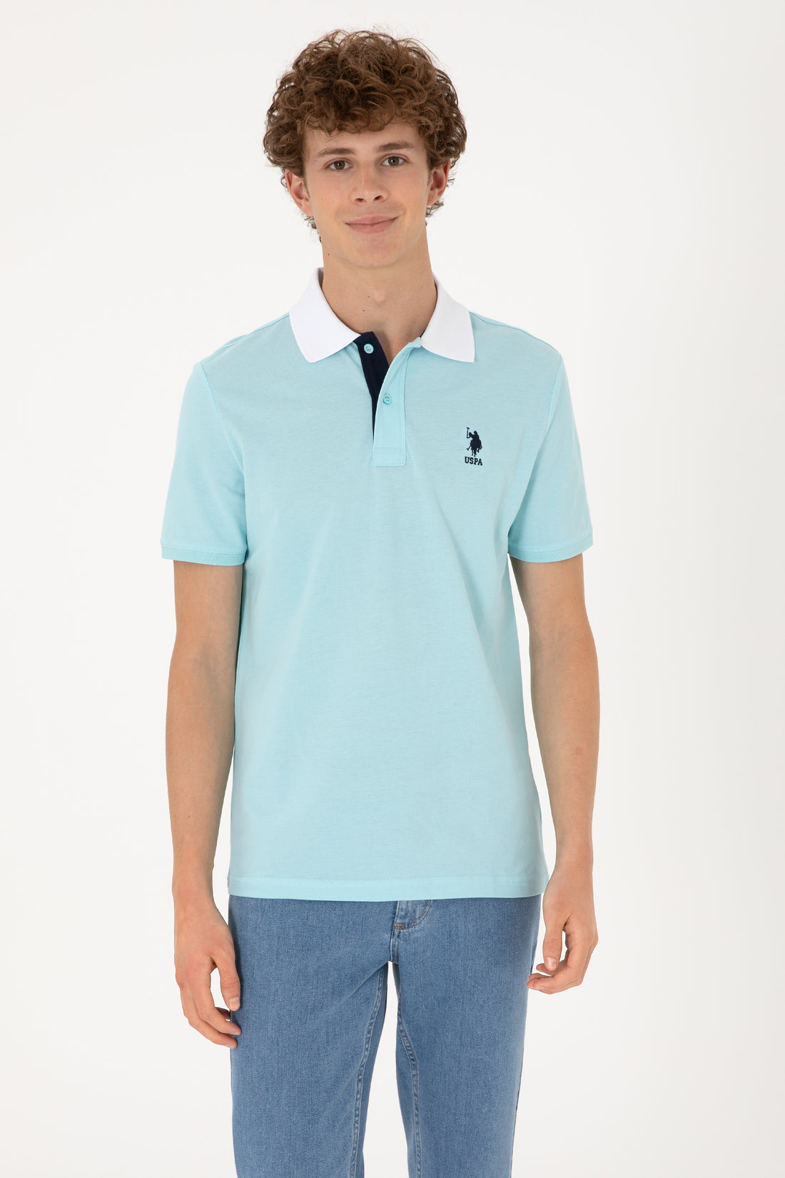Men's Regular Fit Polo Neck Aqua T-Shirt