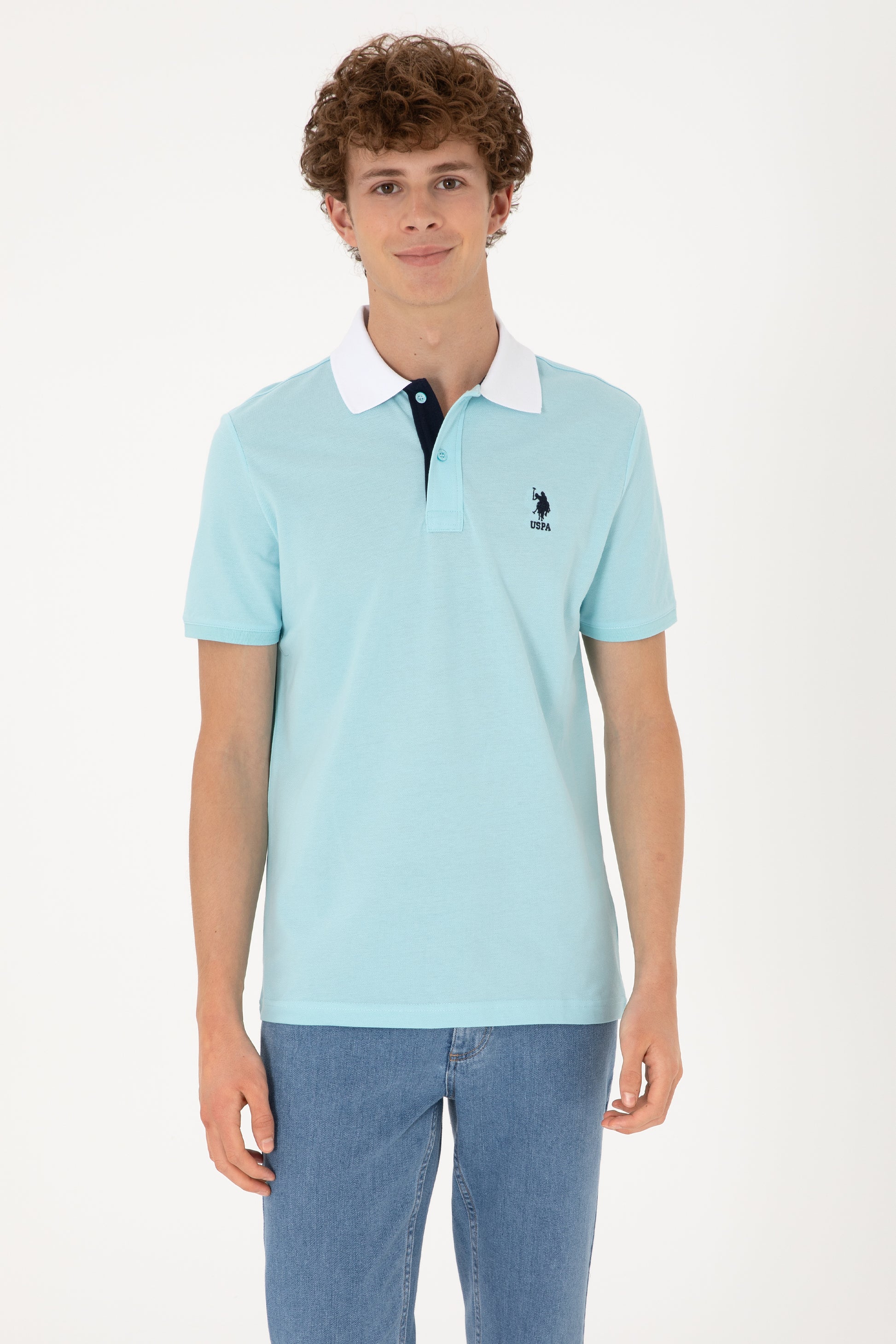 Men's Regular Fit Polo Neck Aqua T-Shirt