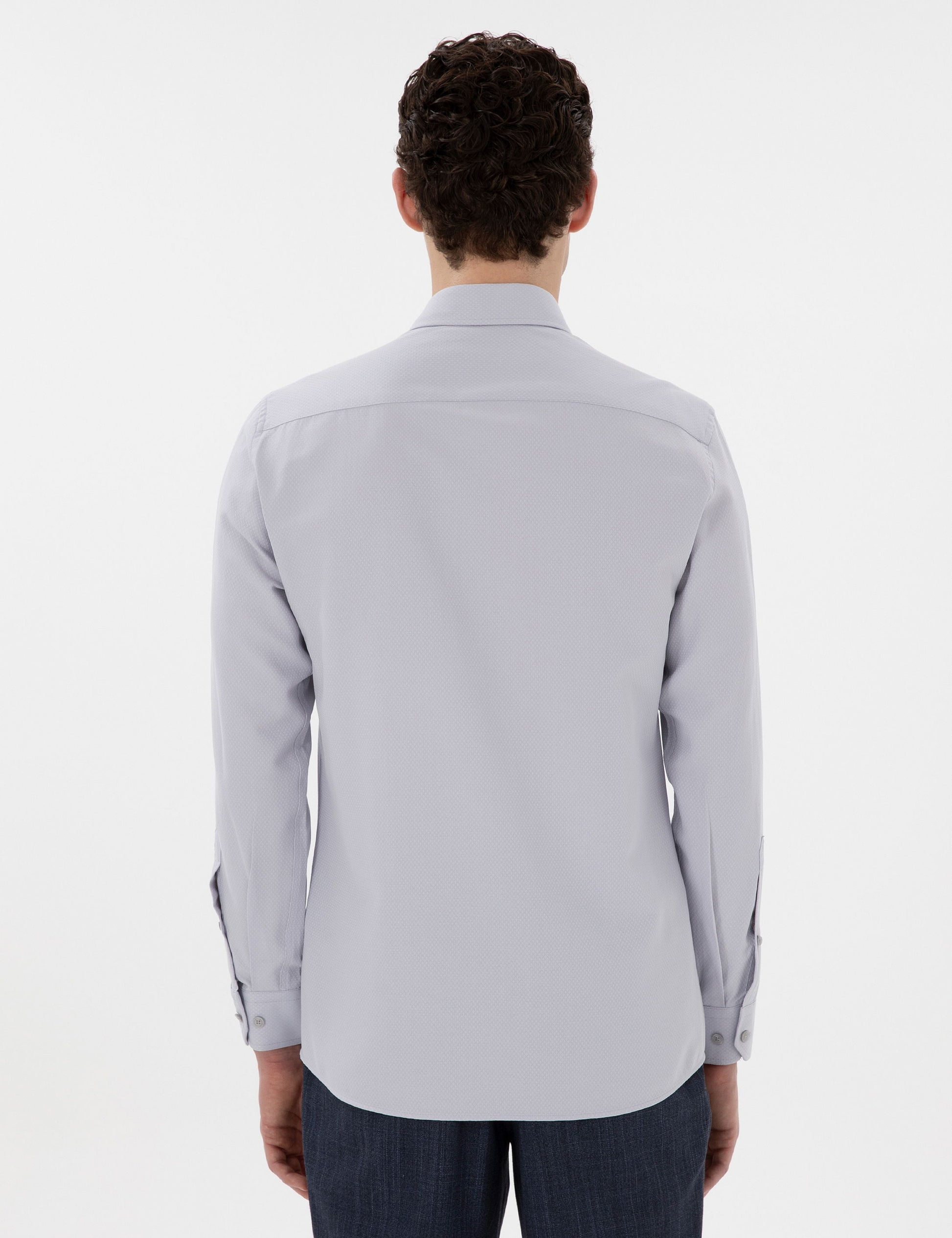 Grey Italian Collar Ruffle Long Sleeve Shirt
