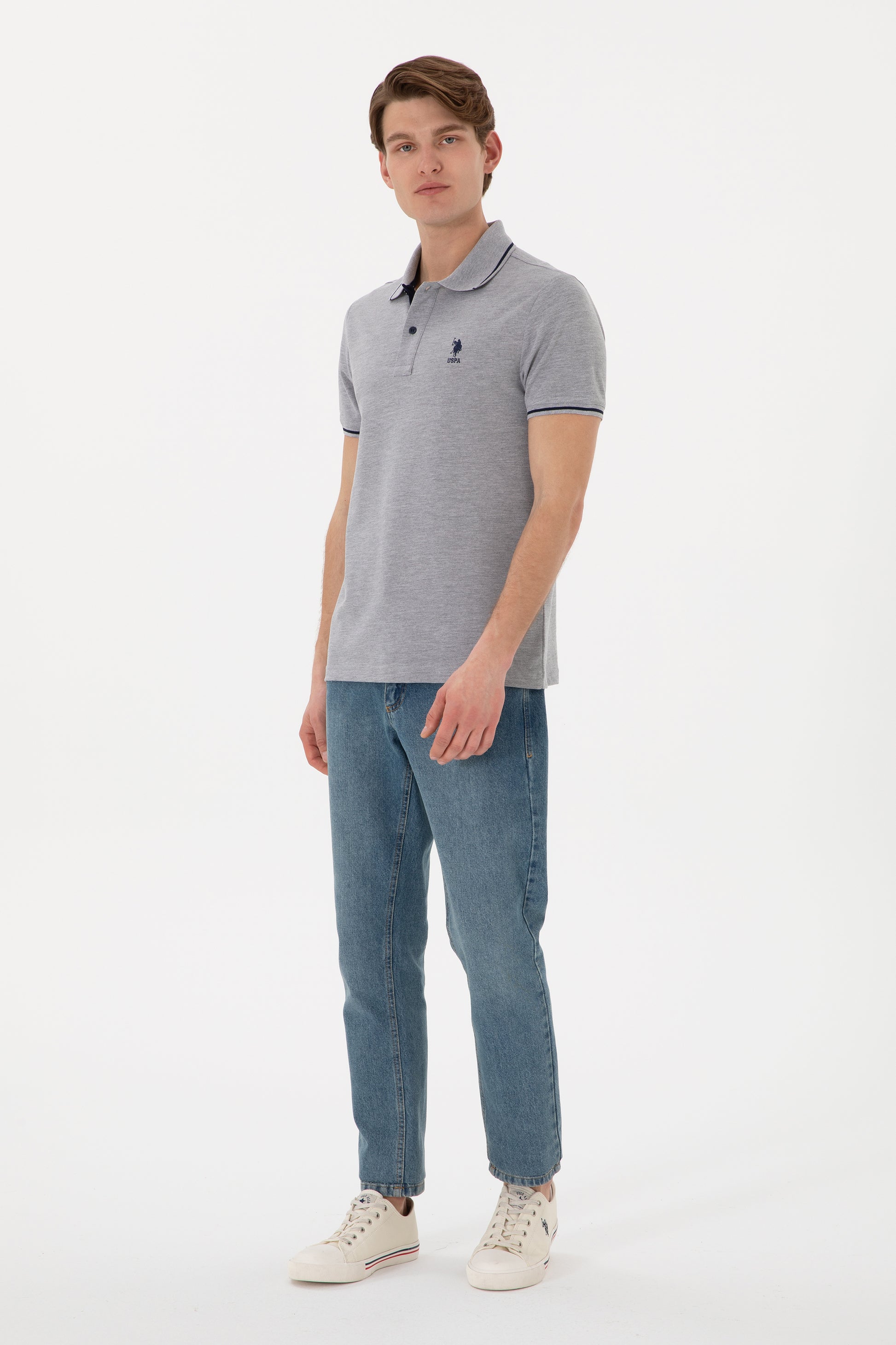 Men's Slim Fit Polo Neck Grey Melange Basic T-Shirt
