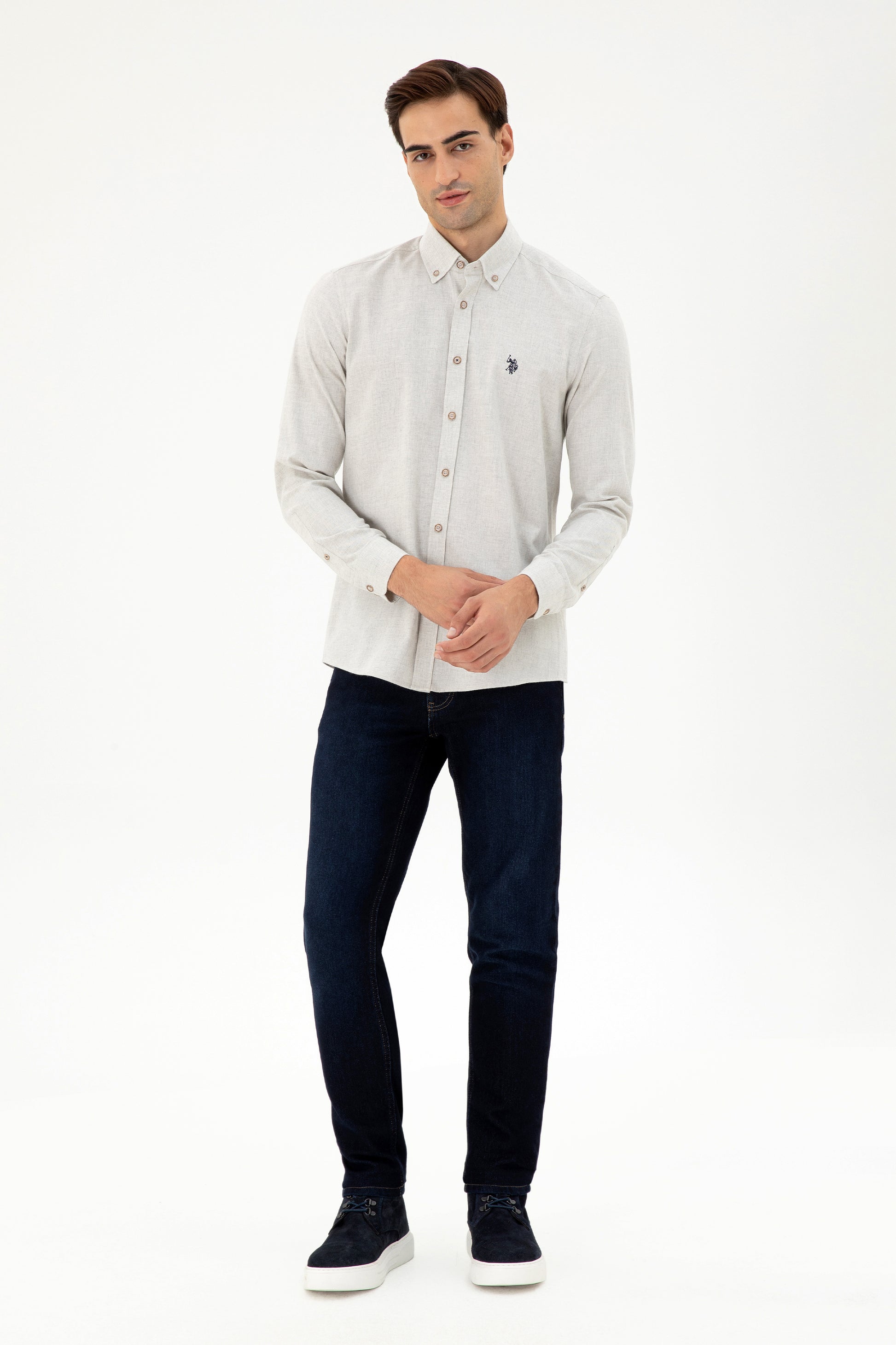 Men's Beige Long Sleeve Basic Shirt